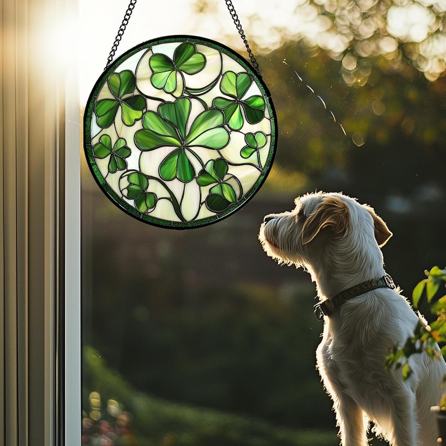 Stained Glass Window Hanging - Green Clover Flowers Suncatcher for Doors Garden St. Patrick's Day Plant Floral Sun Catchers Decor Mother's Day Birthday Gifts for Women Men Mom Nana 15 in