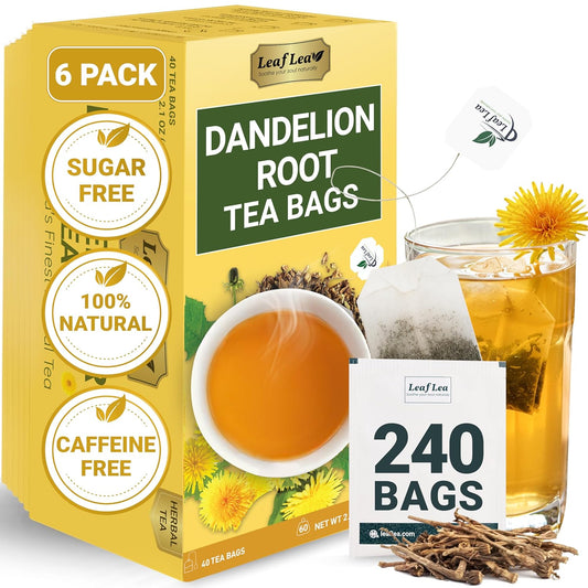 LeafLea Dandelion Root Tea Bags, 240 Count, Natural Dandelion Root Herbal Tea Blend, Supports Digestive and Immune Health, Caffeine-Free, Sugar-Free, Vegan, Gluten-Free, Pack of 6
