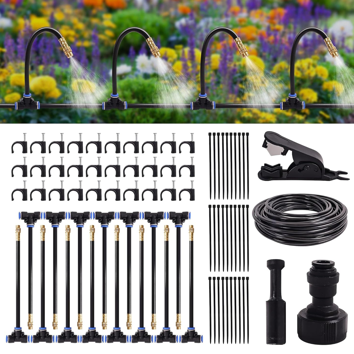 Drip Irrigation Kit, Flexible 360°Adjustable Watering System with Nozzle Control, Misting Hose for Garden, Greenhouse, Lawn, Yard & Potted Plants (49 Feets)
