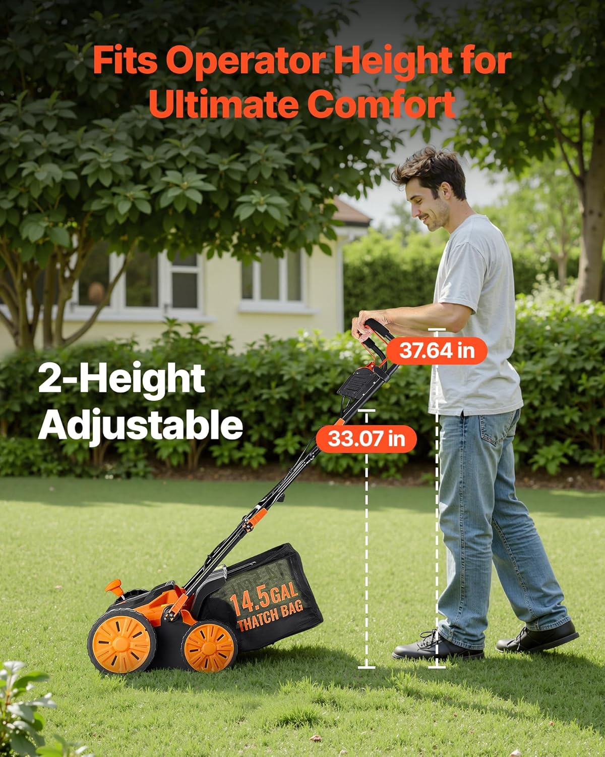 VEVOR 2-in-1 Electric Dethatcher and Scarifier, 16-Inch 15 Amp, Corded Lawn Dethatcher with 14.5-Gallon Thatch Collection Bag, 5-Position Depth Adjustment, Walk Behind Machine for Garden Yard Grass