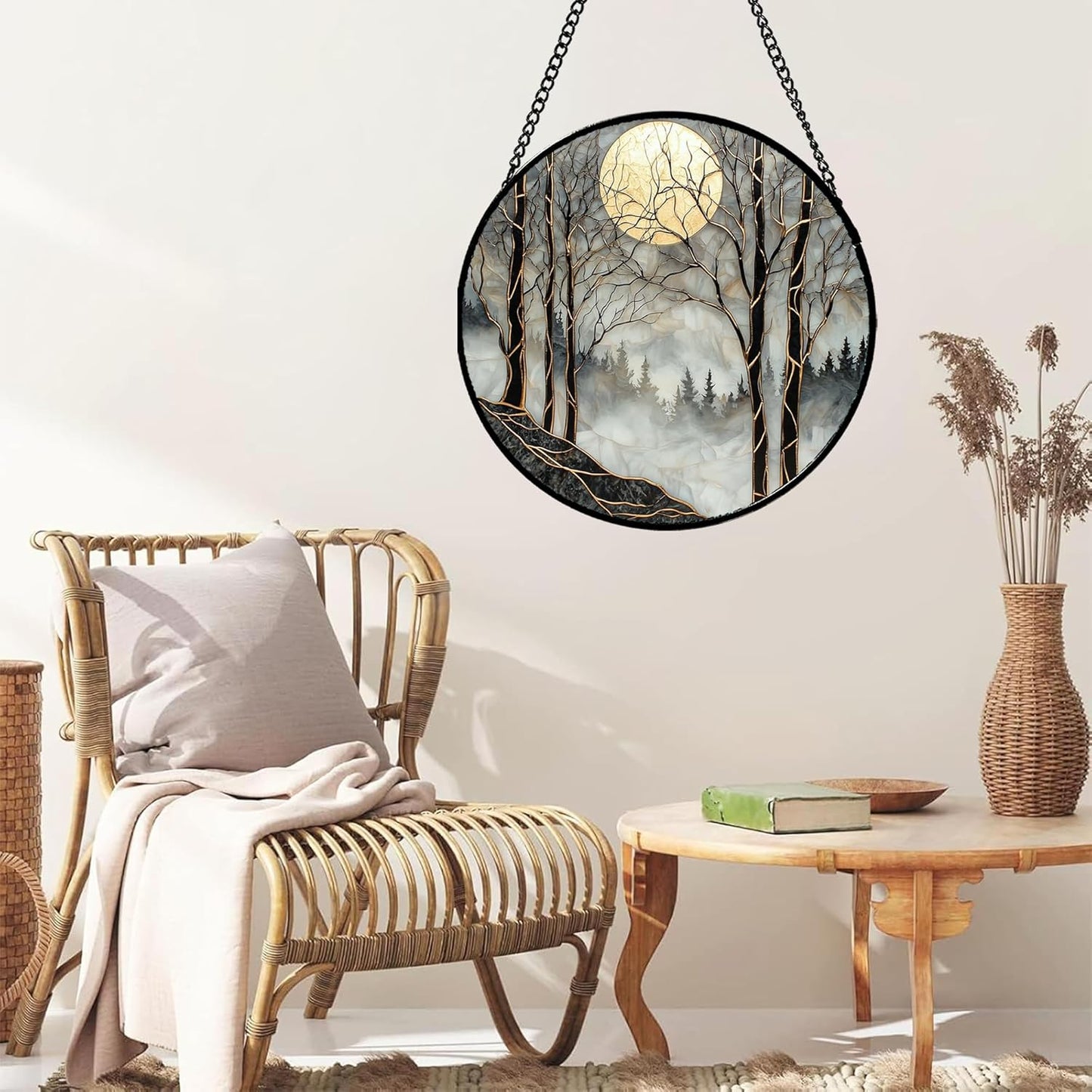 Stained Glass Window Hanging - Black and White Gold Moon Forest Sun Catcher for Door Home Decor Suncatcher Christmas Mother's Day Birthday Gifts for Women Men Lovers Mom Nana 9.8 in