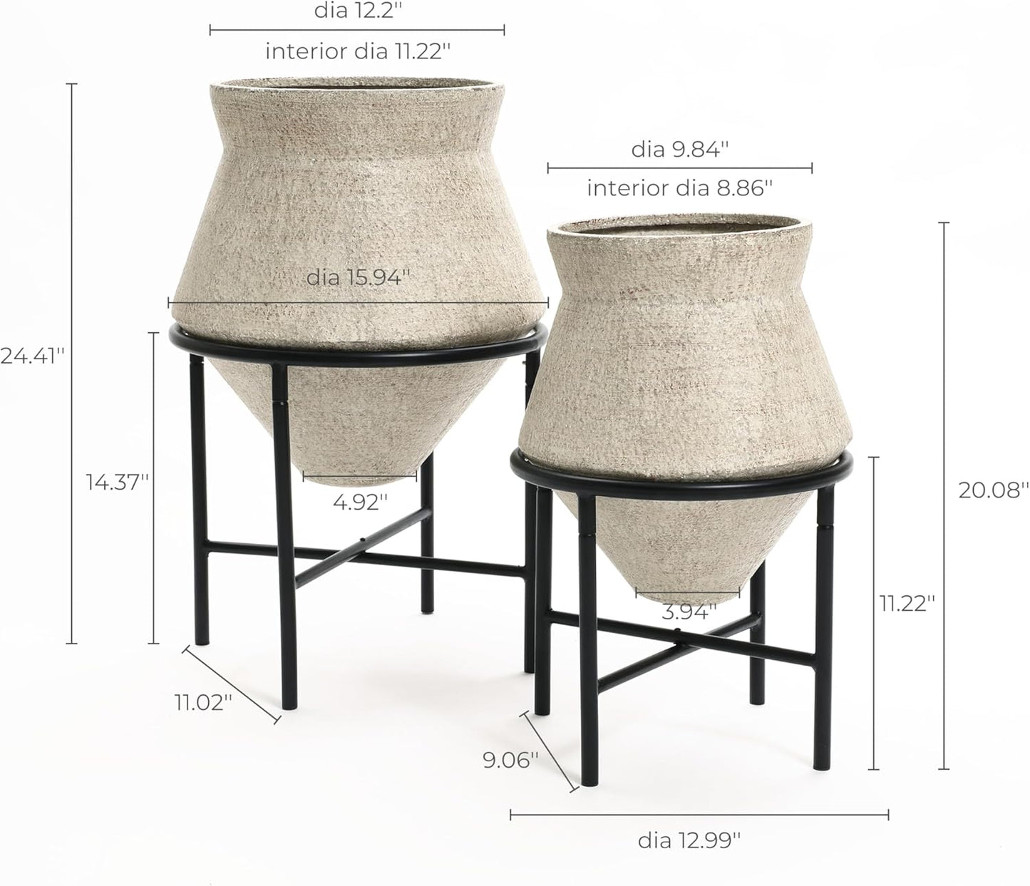 LuxenHome Planters for Indoor Plants, Set of 2 Indoor Plant Pots, Novelty Decorative Planters with Black Metal Stands, Distressed Cachepot Cauldron Large Floor Flower Pot for Living Room, 11 & 16 Inch