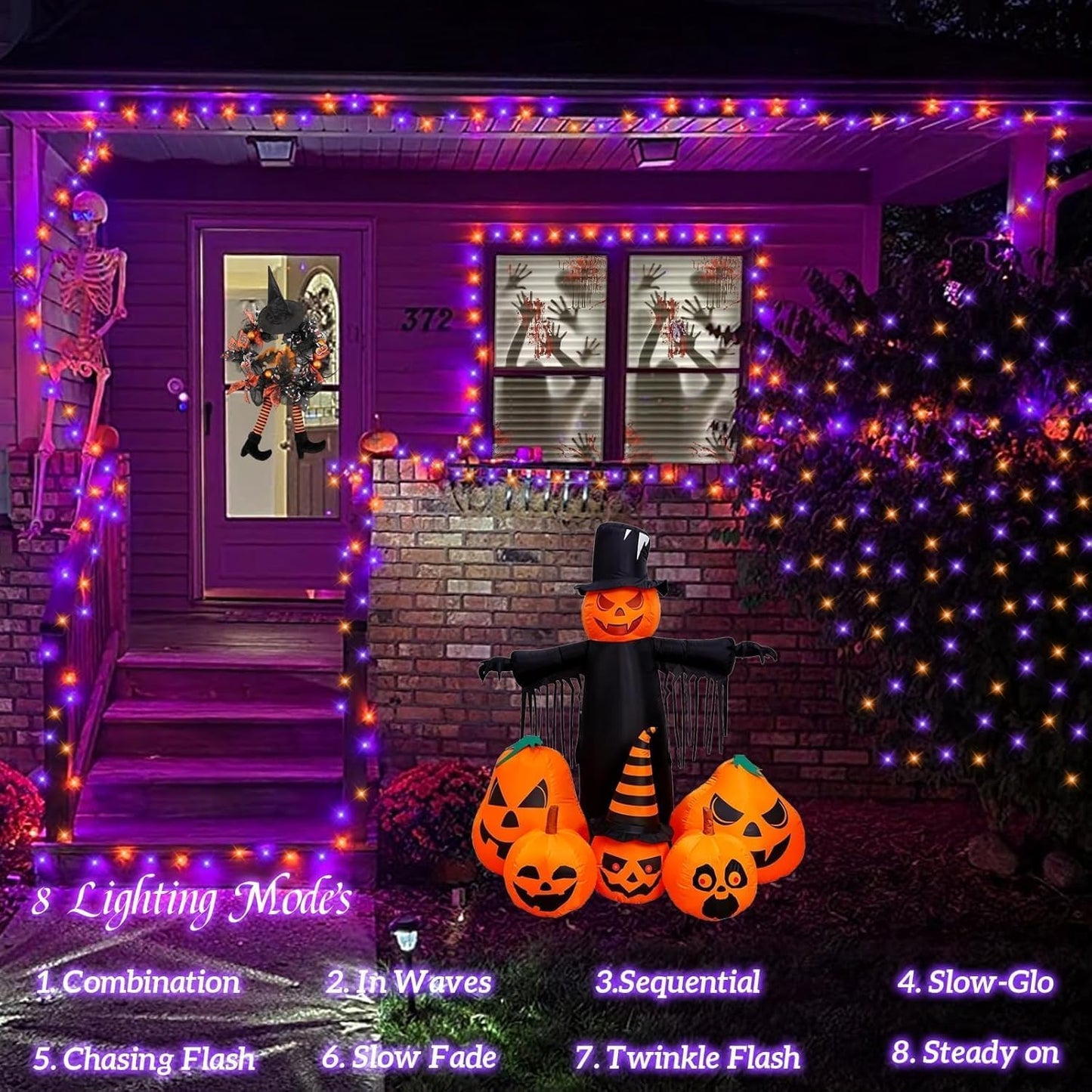 YEGUO Orange and Purple Halloween Lights Outdoor Waterproof, 4 Packs Each 33ft 100 LED Solar Fairy Light,8 Modes Black Wire String Lights