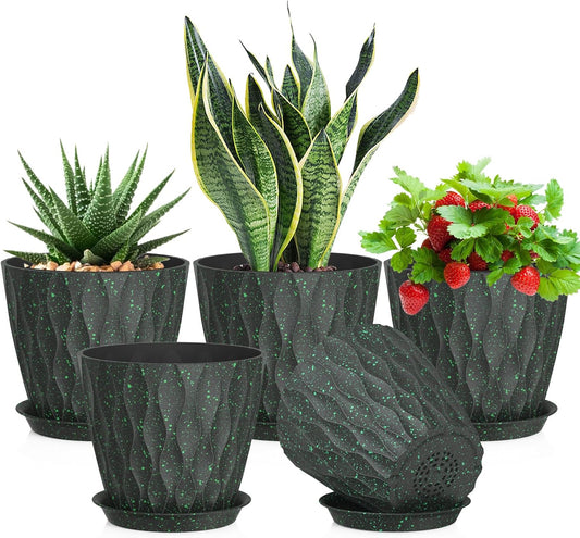 7 inch Plant Pots for Indoor Outdoor Plants, 5 Pack Thick Flower Pots with Drainage Holes and Saucers, 3D Modern Wave Texture Plastic Planter Nursery Pots, Black with Green Speckles
