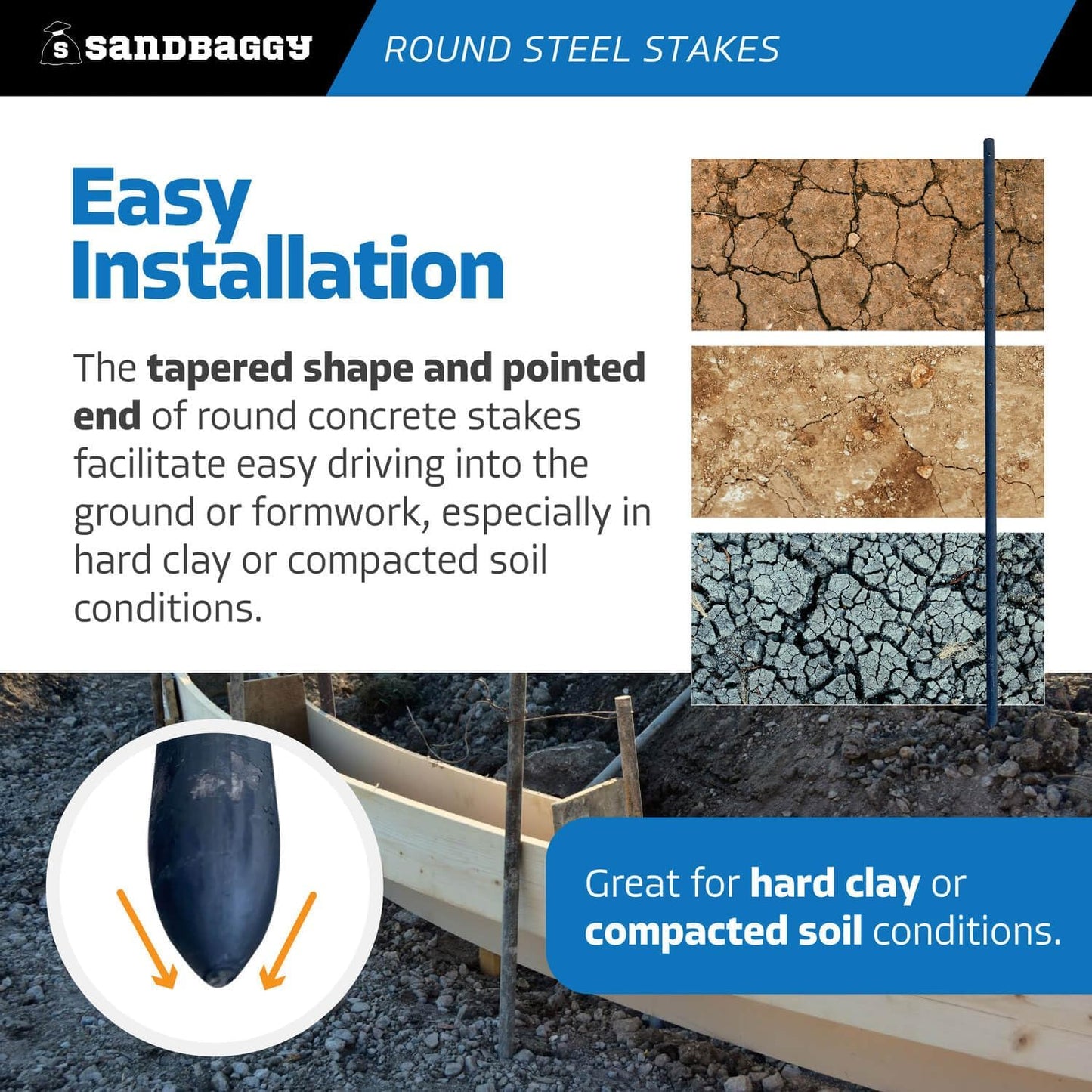 Sandbaggy Round Steel Concrete Form Stakes with Nail Holes - Rust Resistant Coating - Removable, Reusable (100, 3/4 in X 48 in)