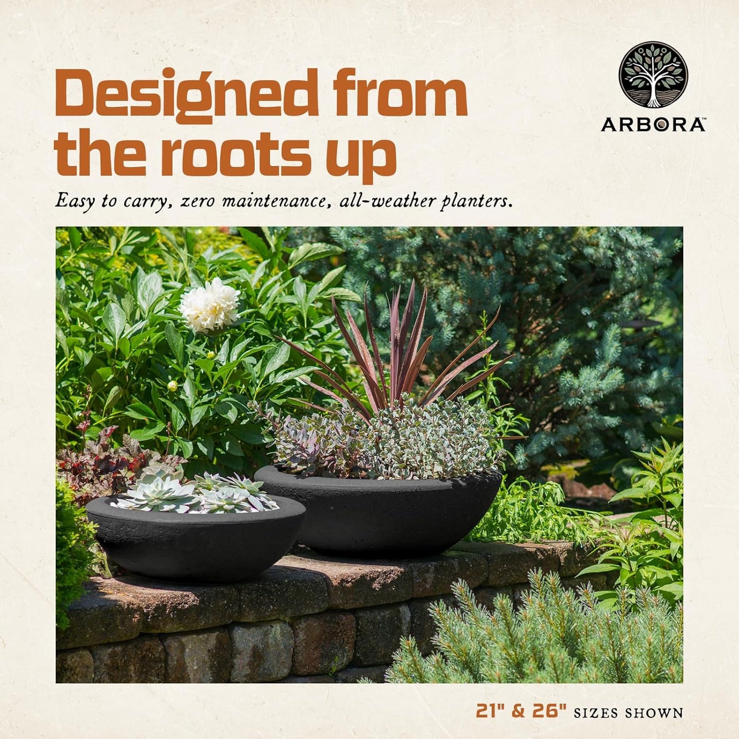 ARBORA 21" and 26” Santorini Bowls with Classic Black Finish - Polyresin Indoor and Outdoor Planters, Durable, Weatherproof, Lightweight, Large Plant Pots for Patio, Garden, Deck