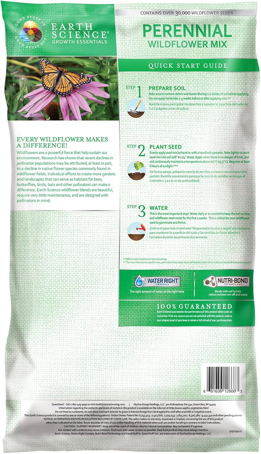 Earth Science Perennial Wildflower Mix - 3-in-1 Formula with Premium Wildflower Seeds—6 lb— Plant Food and Soil Conditioners - Non-GMO, Natural Ingredients