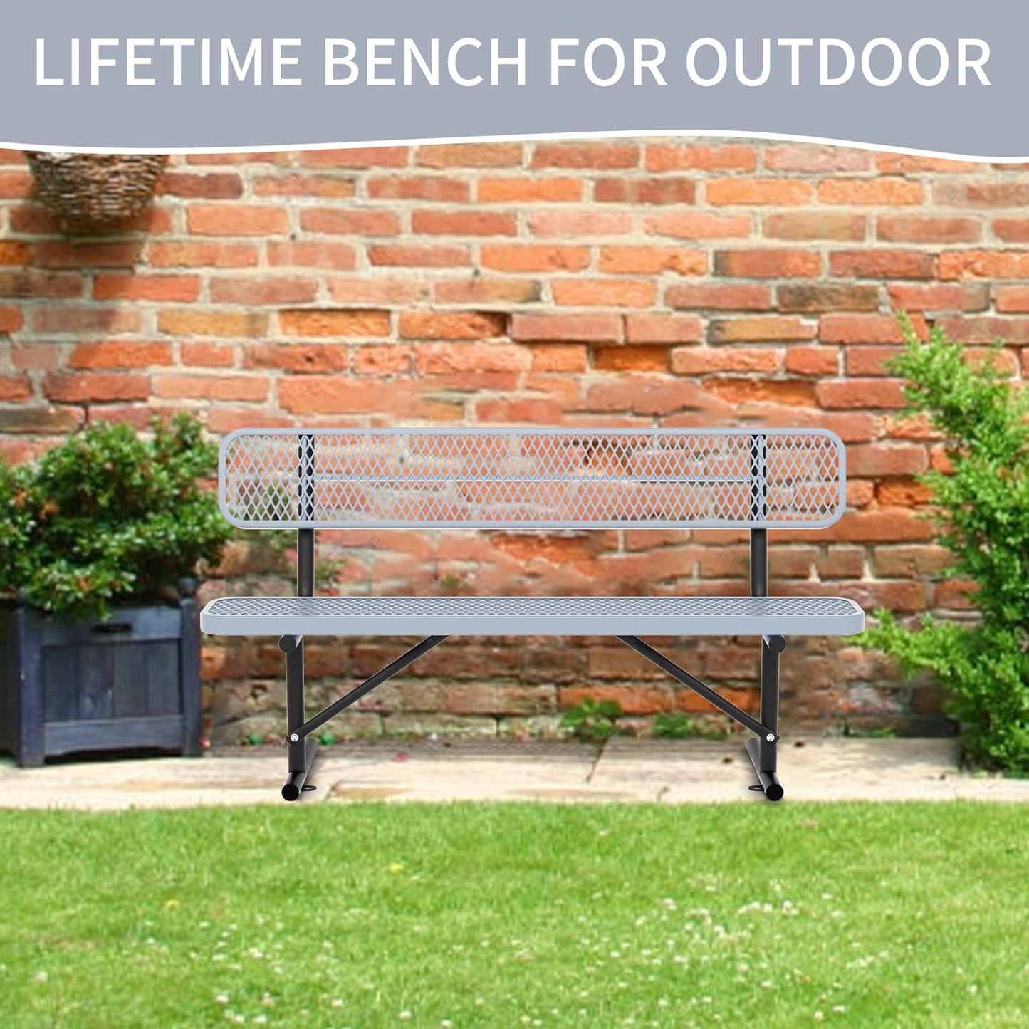 6 Feet Heavy Duty Metal Park Bench for Outside, Outdoor Bench with Backrest & Portable Frame, Commercial Benches for Shopping Malls, Stores, Parks, Patios, Decks, Grey