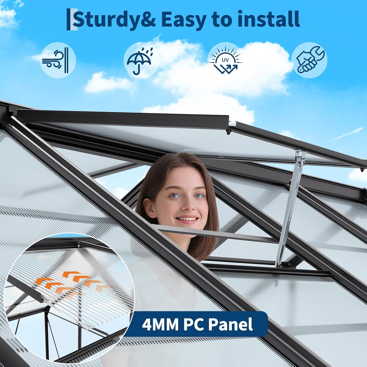 8x14 FT Polycarbonate Greenhouse,Large Walk-in SturdyOutdoor Aluminum Frame Greenhouse with Roof Vent, Lockable Push Door,for Garden, Backyard, Patio & Lawn(Black)