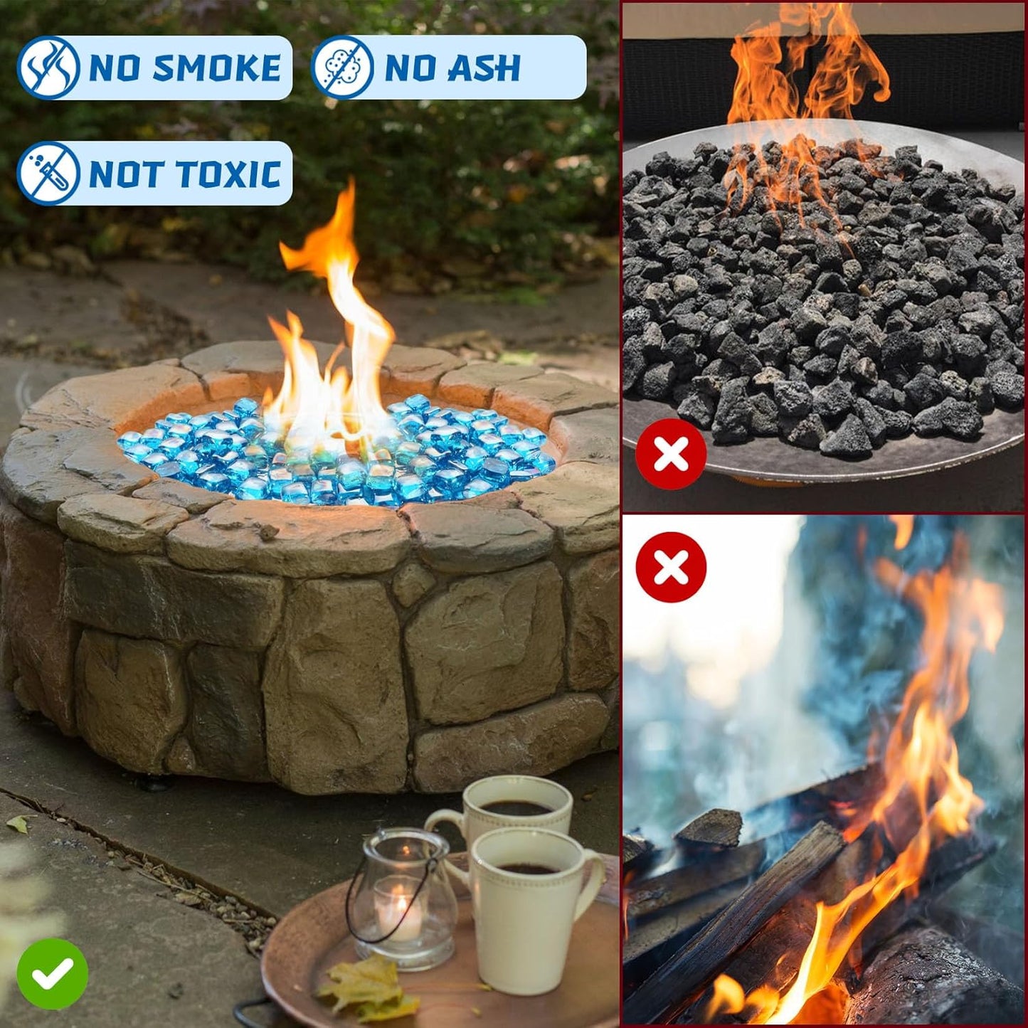 Fire Glass Cube, Fire Pit Rock Square for Indoor or Outdoor, Gas or Propane Firepit or Fireplace, Heat Resistant, No Poping or Breaking, Tempered Glass Bead, Caribbean Blue, 20lb