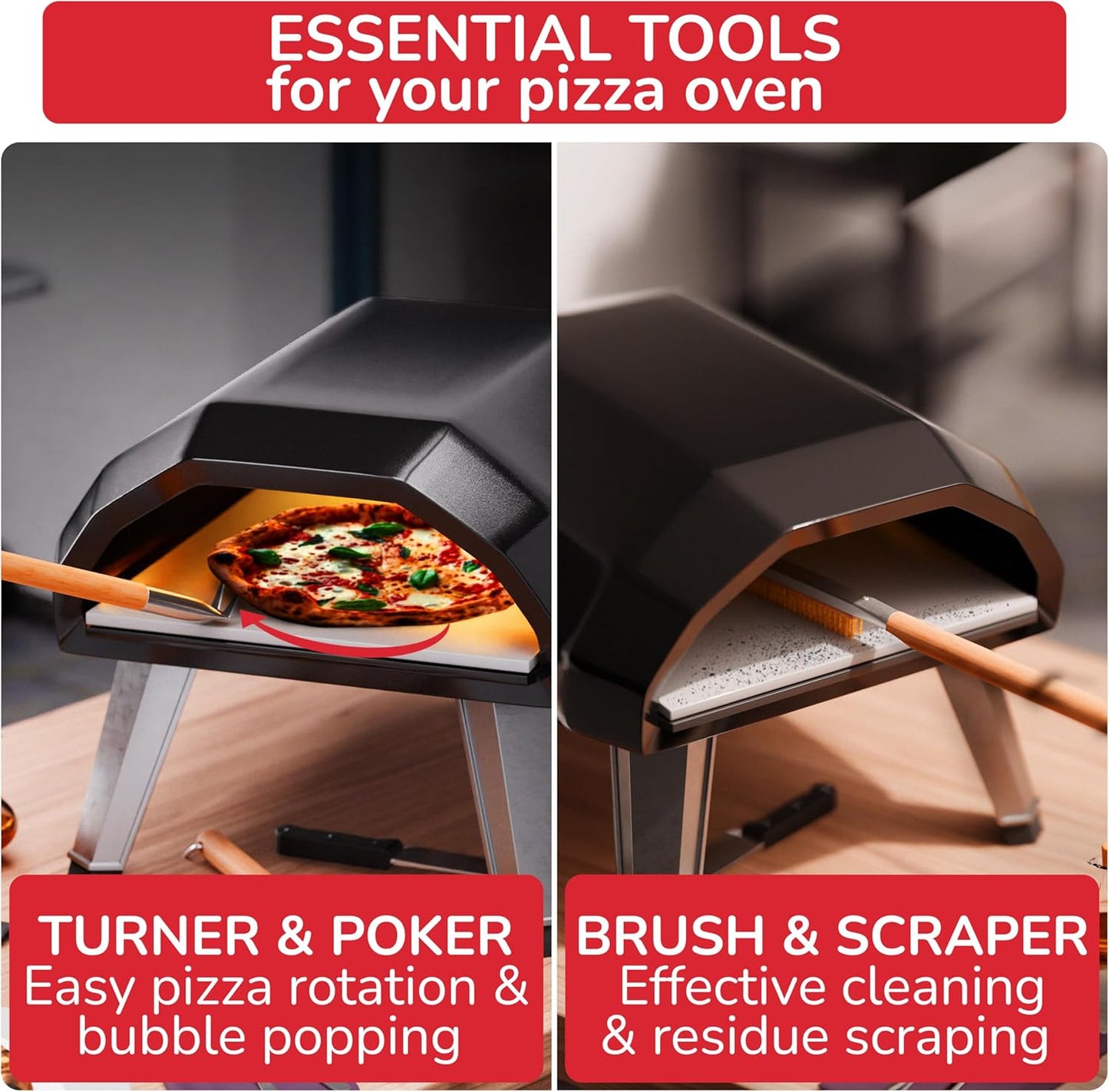 Pizza Oven & Stone Brush with Scraper, Turning Fork & Bubble Popper Bundle - Essential Accessories & Tools for Any Pizza Oven