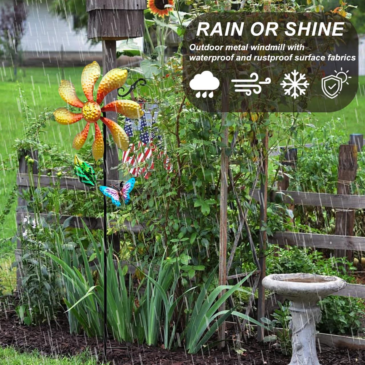 Metal Outdoor Flower Wind Spinner with Yellow Floral & Blue Butterfly, Decorative Kinetic Wind Sculpture for Yard, Garden, Patio, Lawn - Vibrant Garden Art & Lawn Ornament for Outdoor Decor