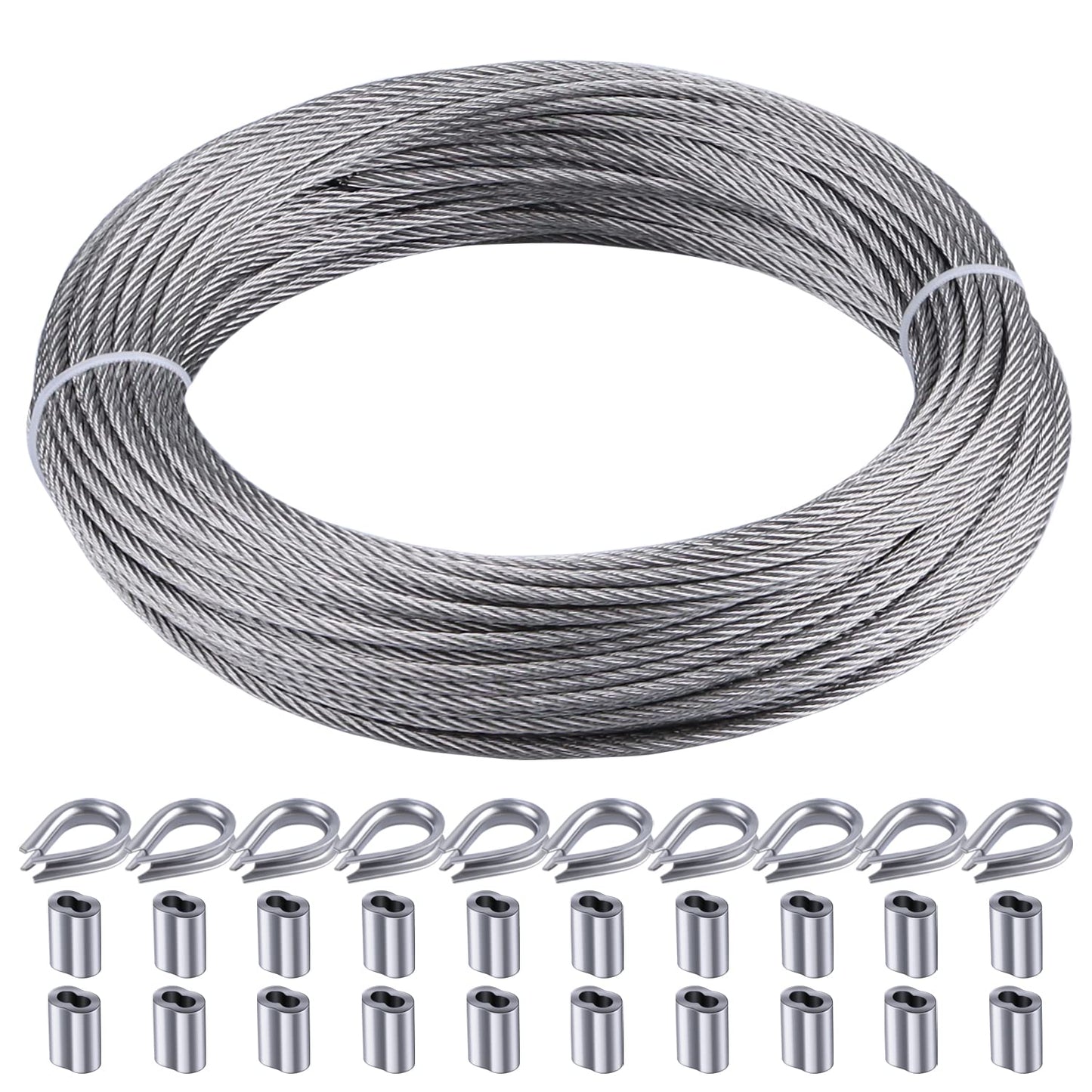 100FT 1/16" Wire Rope Kit, 7x7 Marine Stainless Steel Strand Core, T316 Strength for Hanging, Aircraft, Yard, Garden, Deck Railing, Trellis Wire with Crimping Sleeves, Thimbles