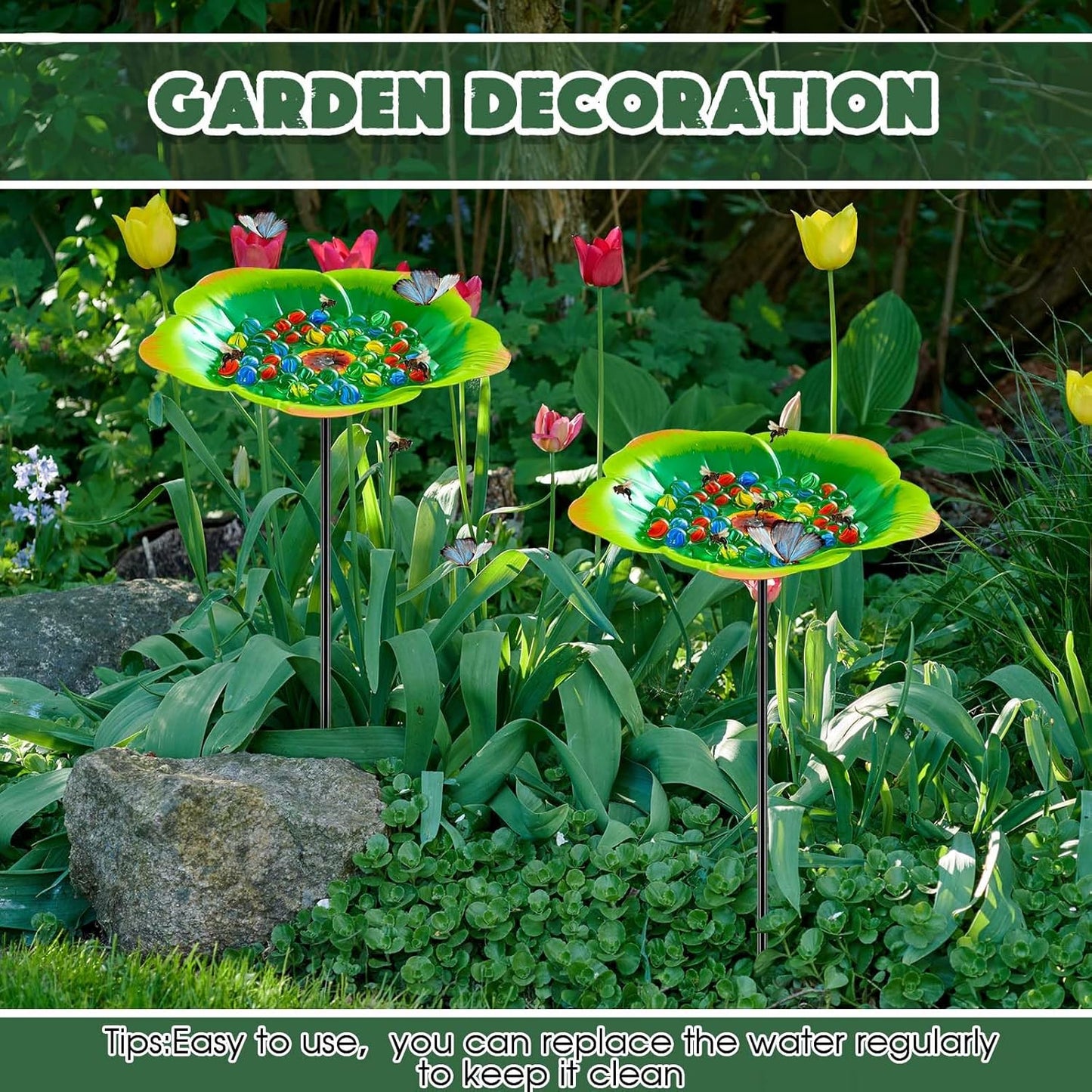 Tandefio Vivid Flower Bee Watering Station Metal Butterfly Water Feeder with 30 Colorful Glass Marbles Bee Feeder Butterfly Bath Bowl for Garden Outdoor Yard Decors(Green,Flower)