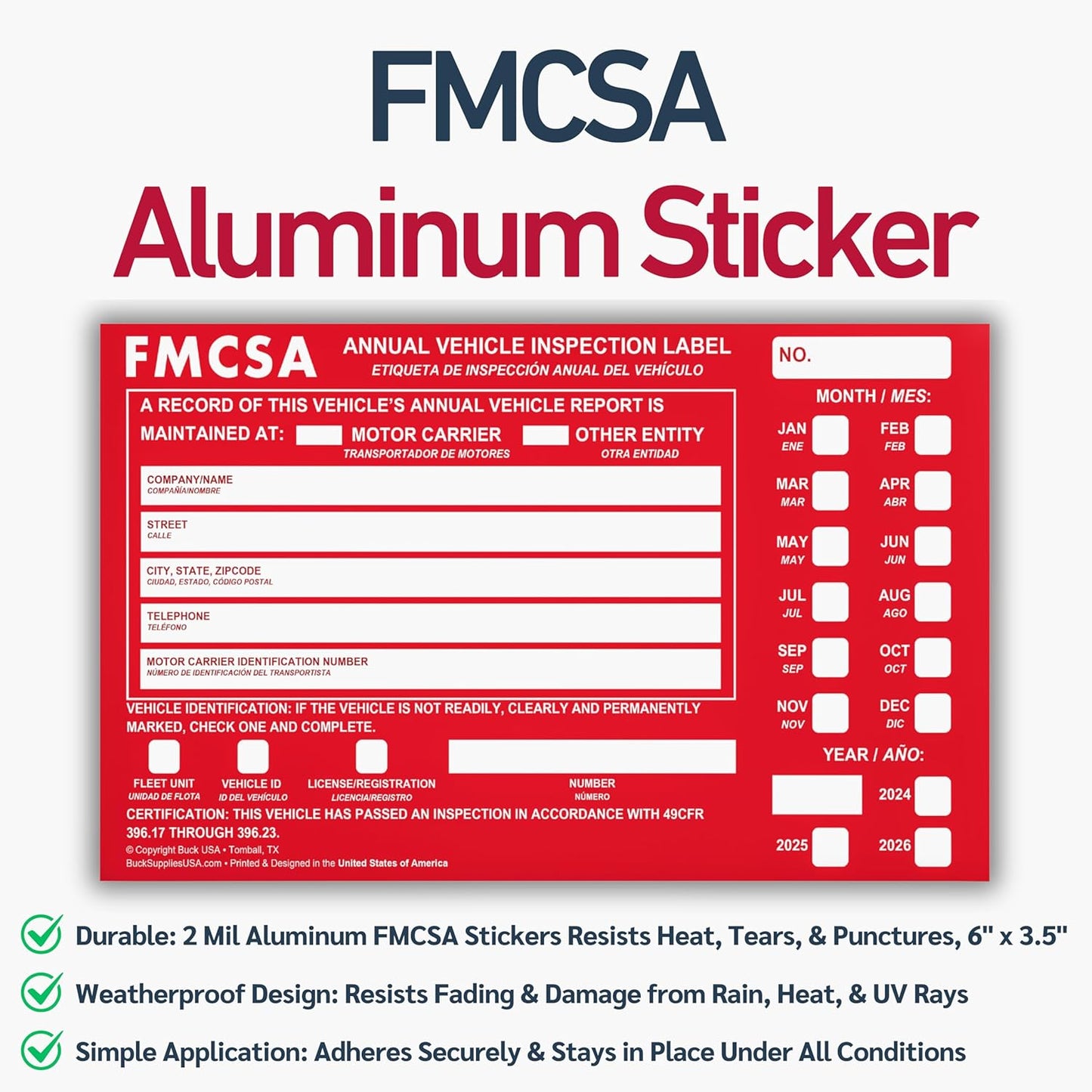 10 Pack 3-Ply Carbonless Annual Vehicle Inspection Report Forms with FMCSA Red Aluminum Labels & White Mylar Laminate Vinyl Labels, DOT Inspection Forms and Stickers, Shrink-Wrapped, 8.5" x 11.75"