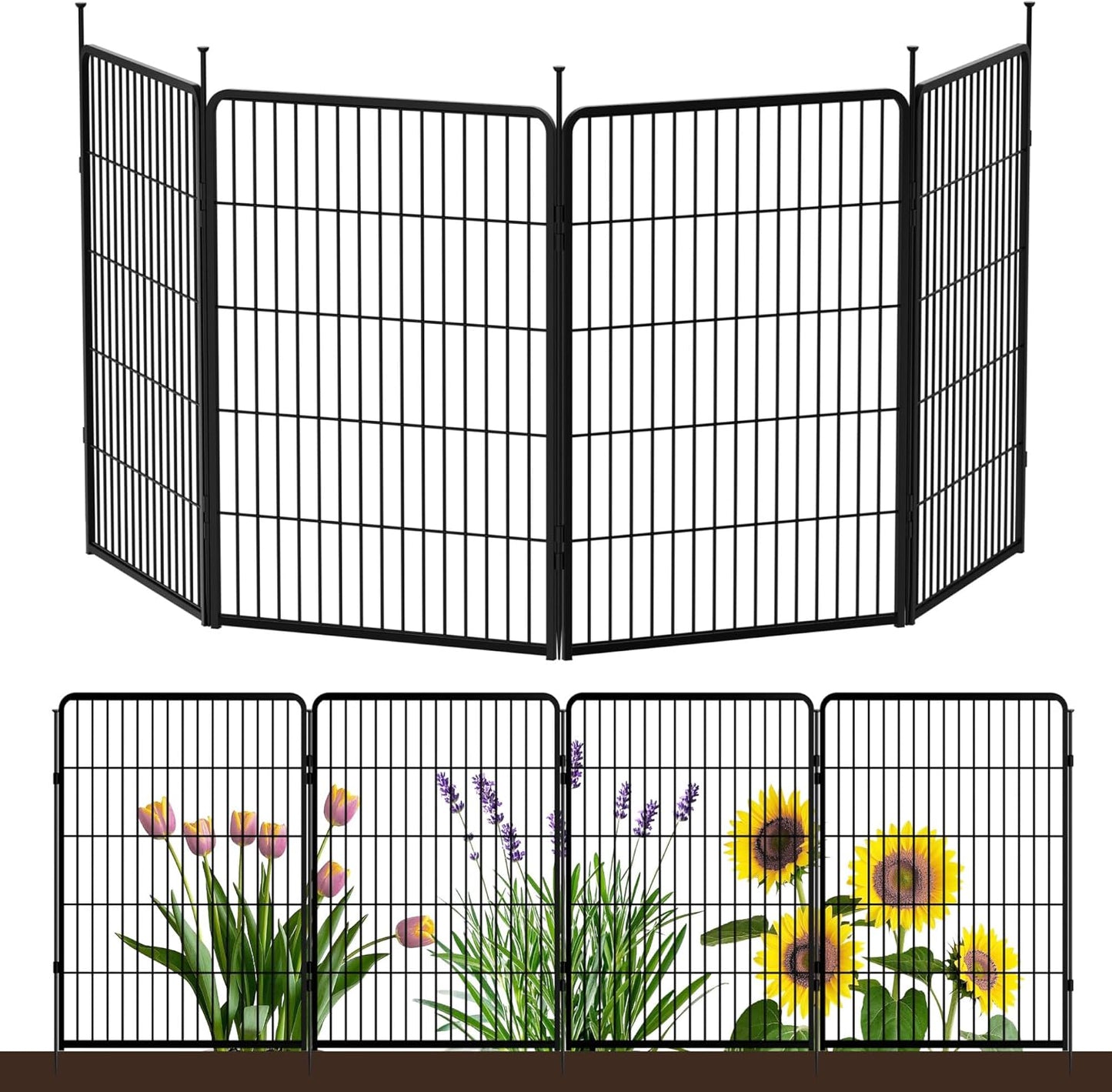 Doorless Garden Fence 40 in(H) x 8.9 ft(L) 4 Panels, Heavy Duty Metal Animal Barrier Fence, No Dig Fence for Dogs, Rabbit Fence for Garden, Black