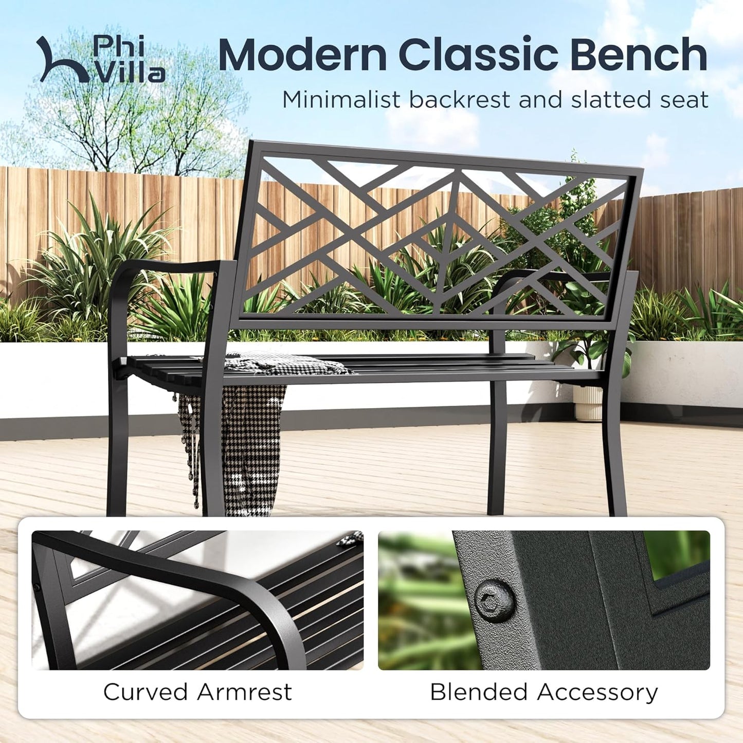 PHI VILLA 43 Inch Cast Iron Steel Frame Outdoor Garden Bench, Patio Furniture Chair Bench w/Line Pattern Design Backrest, Slatted Seat for Park, Yard, Porch - Black