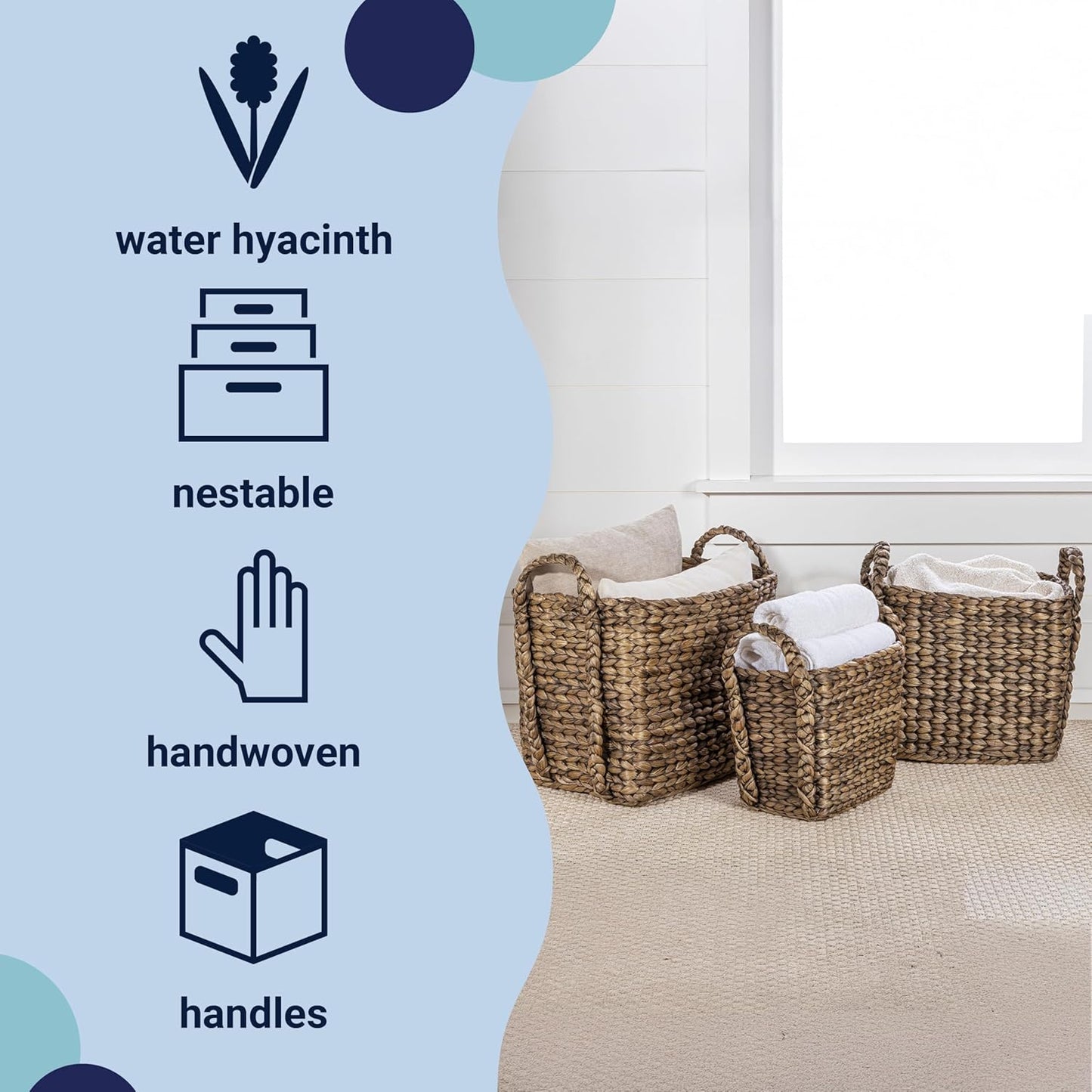 happimess BSK2001B-3SET Clara Farmhouse Classic Handwoven Hyacinth Rectangle Floor Wicker Storage Baskets with Handles, Brown (Set of 3), Seagrass Containers for Decoration in Living Room, Bedroom