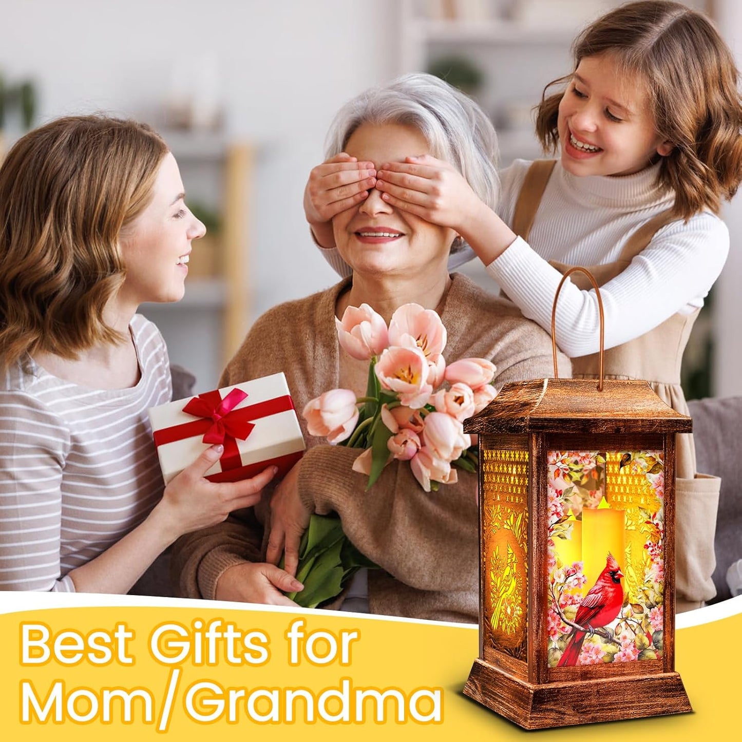 Cardinal Solar Lanterns Outdoor Hanging Lanterns, Metal Glass Garden Decor Solar Lights, Gifts for Women Mom Birthday Grandma Mothers Day, Waterproof Decorative Lantern for Outside Patio Yard