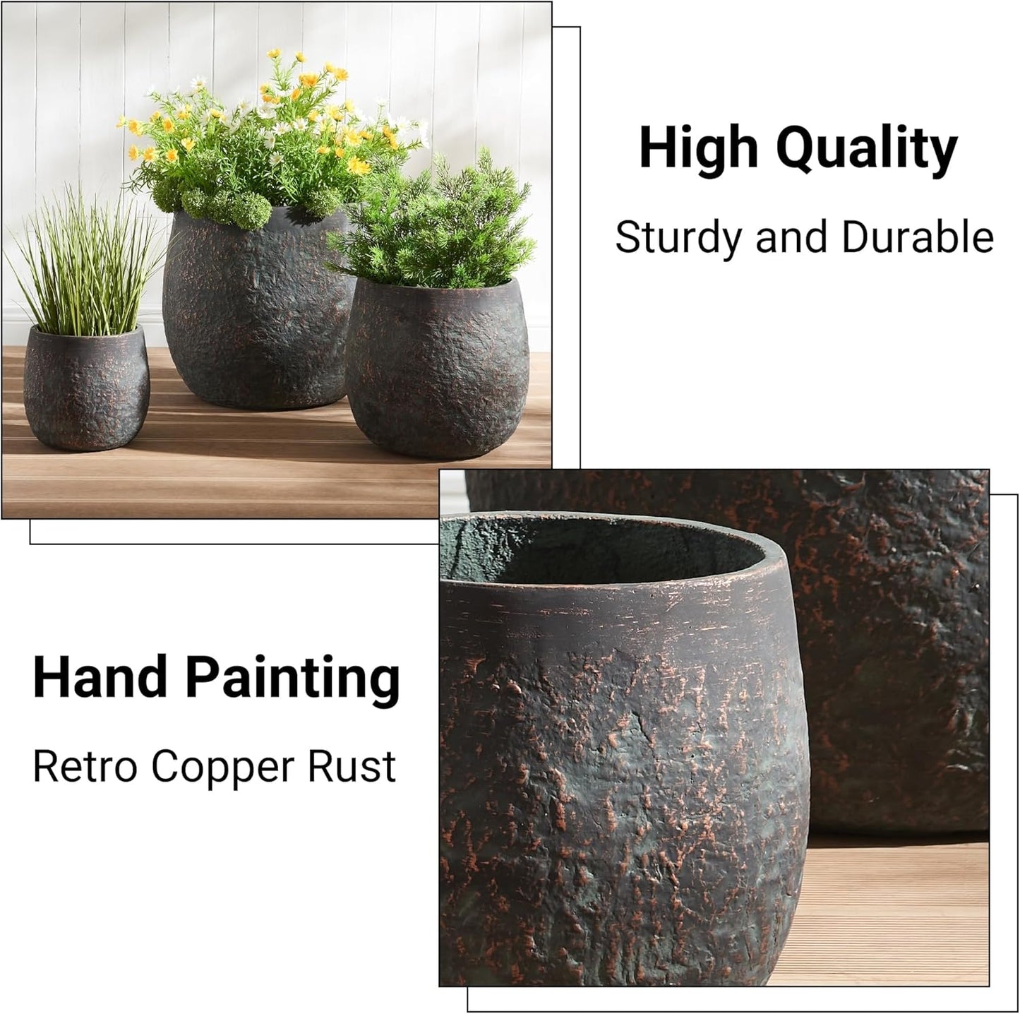 17.3"+12.9"+9.0" Dia Weathered Concrete Flower Pots, Modern Round Style Concrete Planter for Home, Garden, Patio, Courtyard, Bronze Rust Color, Set of 3