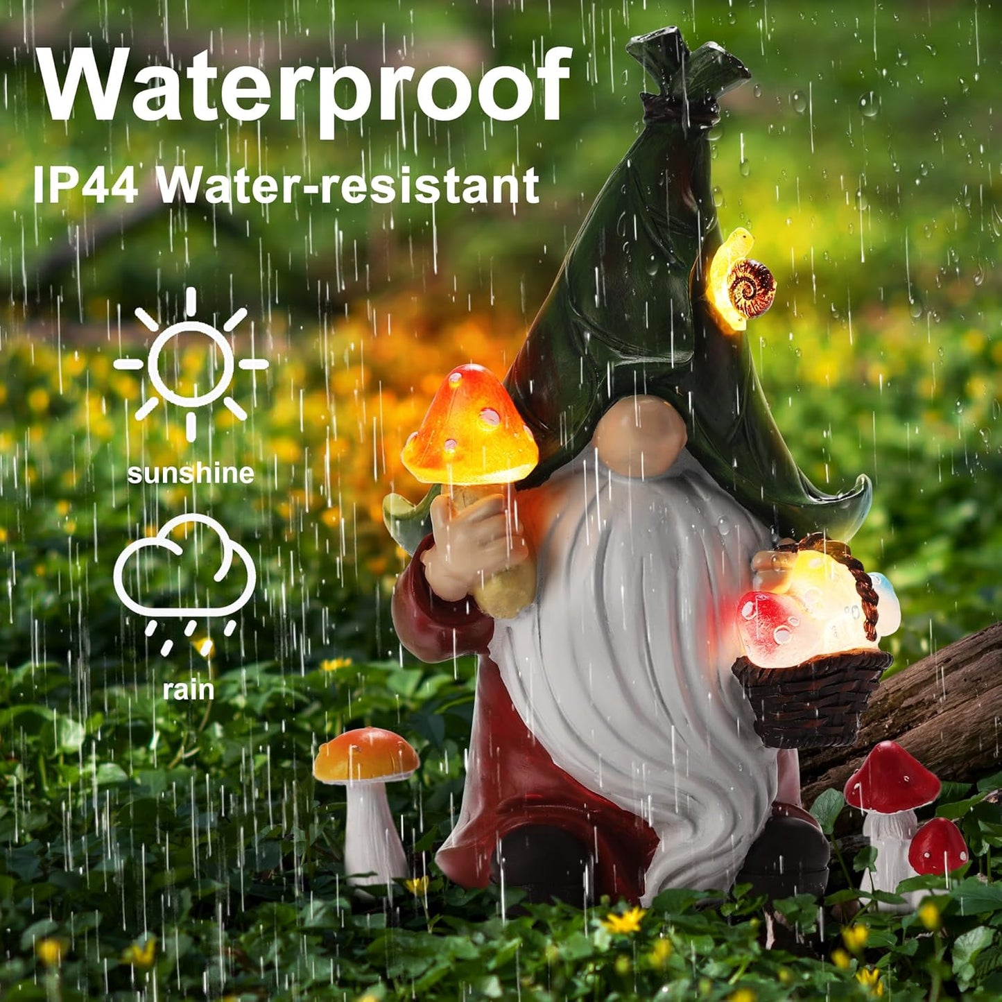 Mushroom-Picking Gnome Solar Garden Statue with 3 LED Lights, Set with 1 Gnome and 2 Small Mushroom, Lovely Garden Gnome Set for Patio, Yard, Lawn Ornament, Outdoor Decor