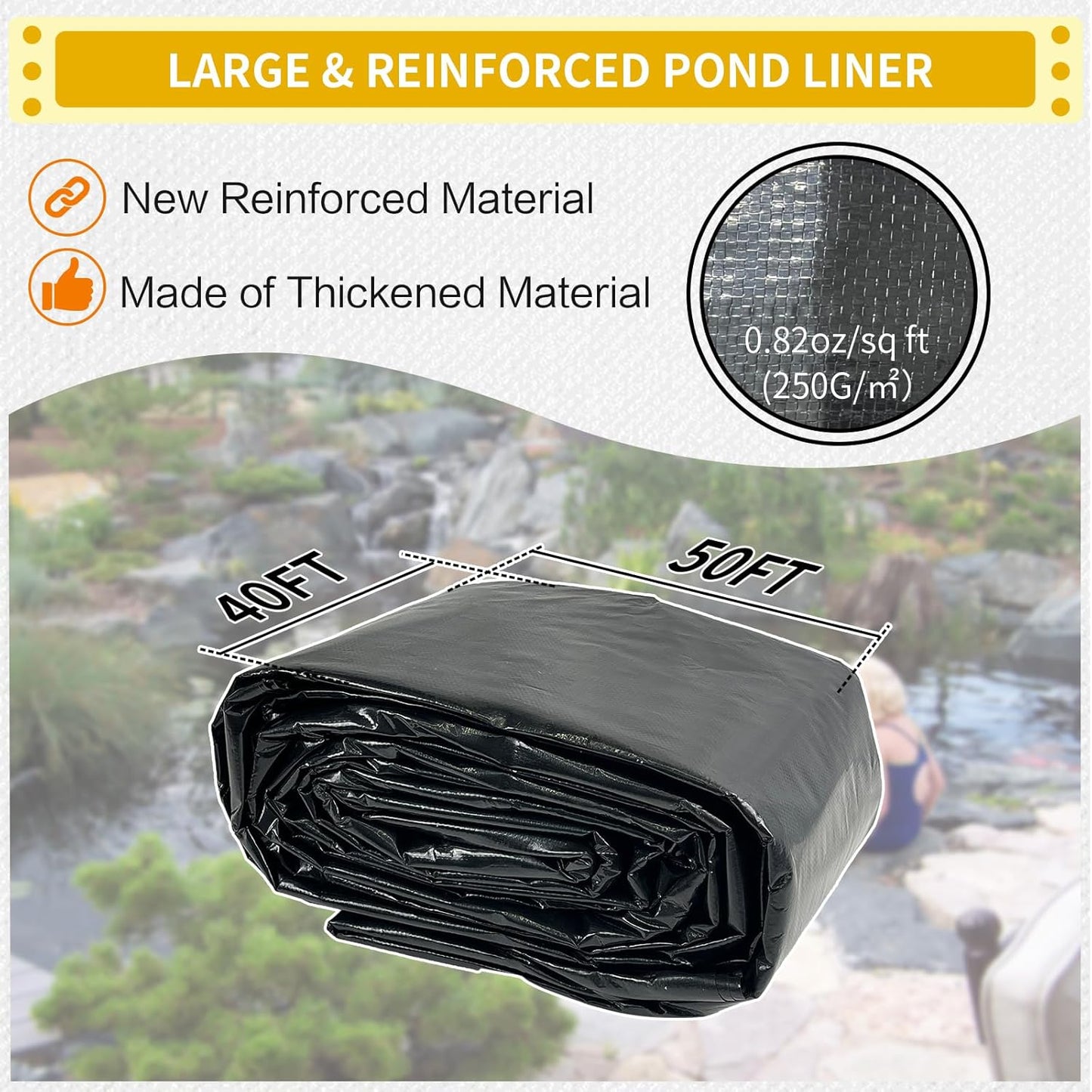yeezoo 40X50FT Reinforced Large PE Pond Liner, KOI Pond Liners for Outdoor Ponds, Enhanced 5-Layer Structure Pond Liner for Fish, Duck, Garden Raised Bed and Waterscape Pond(0.82oz/sq ft Thickness)