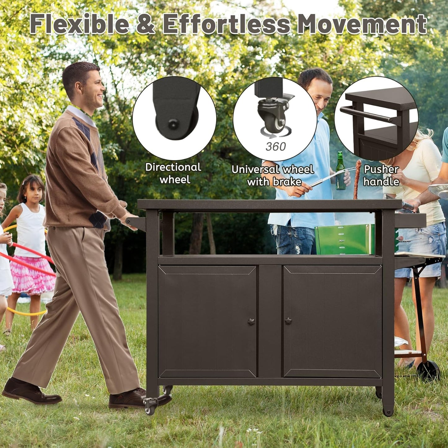 Grill Cart Outdoor with Storage Cabinet, Portable Rolling Patio Bar Cart with Wheels, BBQ Prep Table, Movable Stainless Steel Kitchen Island Dining Cart for Food/Drink/Cooking-Brown