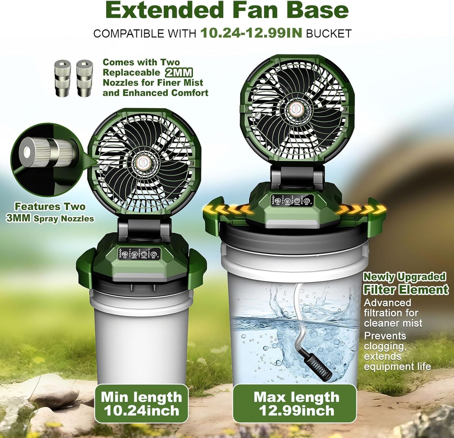 Portable Misting Fan,30000mAh Rechargeable Battery Powered,4 Strong Winds&4 Spray Mister,Floor Cooling Fan for Outdoor,Camping,Patios,Adjustable Base for 10-13in Bucket(No Bucket Included)