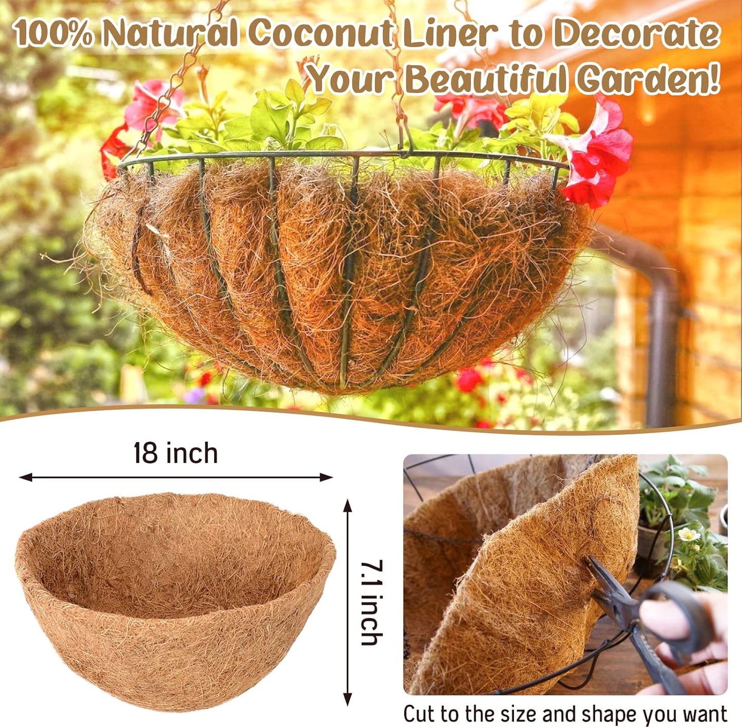Legigo 3 Pack 18 Inch Hanging Basket Coco Liners Replacement, 100% Natural Round Coconut Coco Fiber Planter Basket Liners for Hanging Basket Flowers/Vegetables