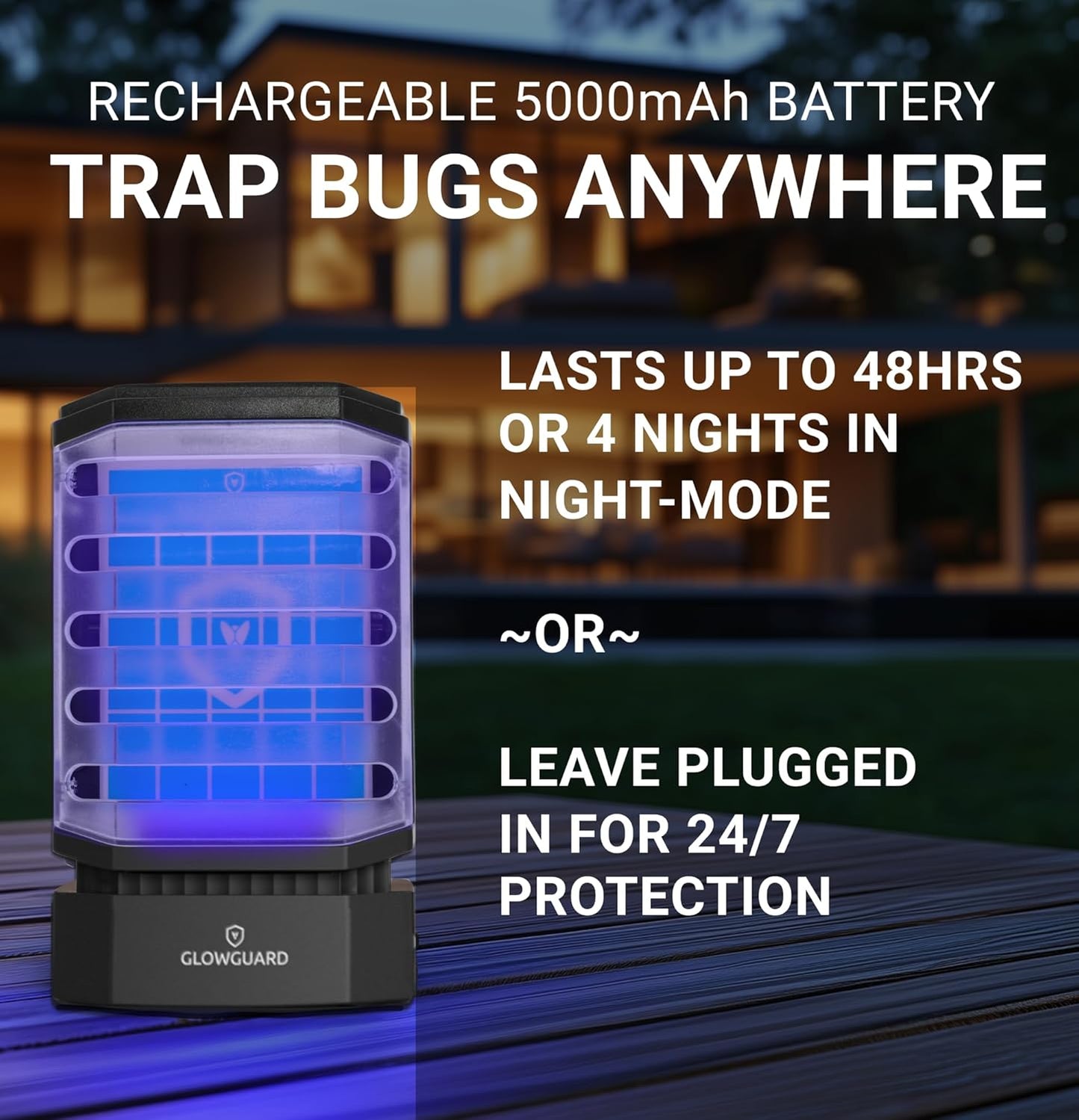 GlowGuard Cordless Flying Insect Trap Catches Fruit Flies, Indoor Gnat Killer, Magnet for Moths & Mosquitos in Dark, 1 Rechargeable Trap + 4 Dual-Sided Sticky Pad Refills, 30Hr 5000mAh Battery (Black)