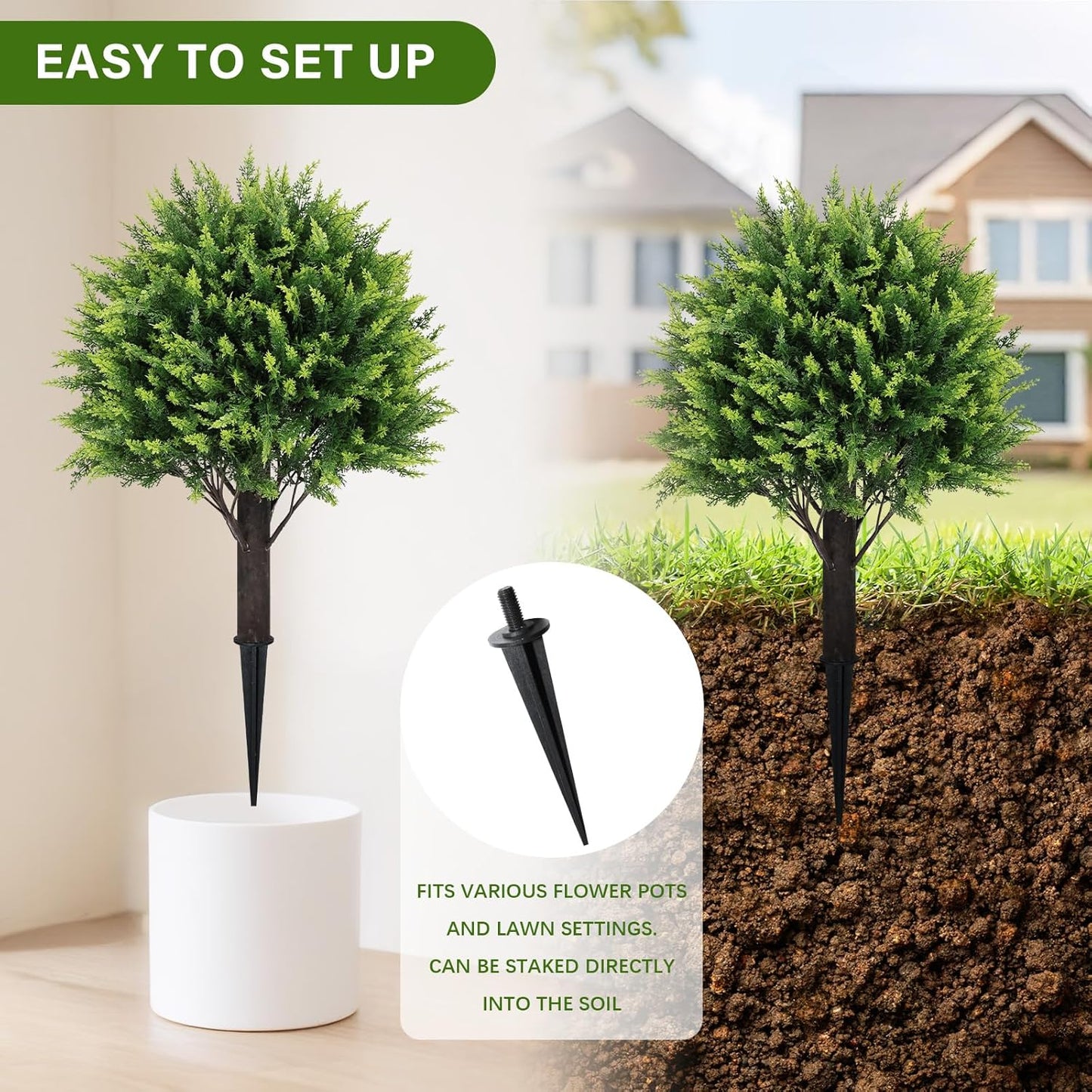 24" Artificial Cedar Topiary Ball Bushes, Set of 2 UV Resistant Fake Trees Outdoor Shrubs with Ground Spike, Weatherproof Faux Plants for Planter, Front Porch, Garden, Yard, Patio Decor