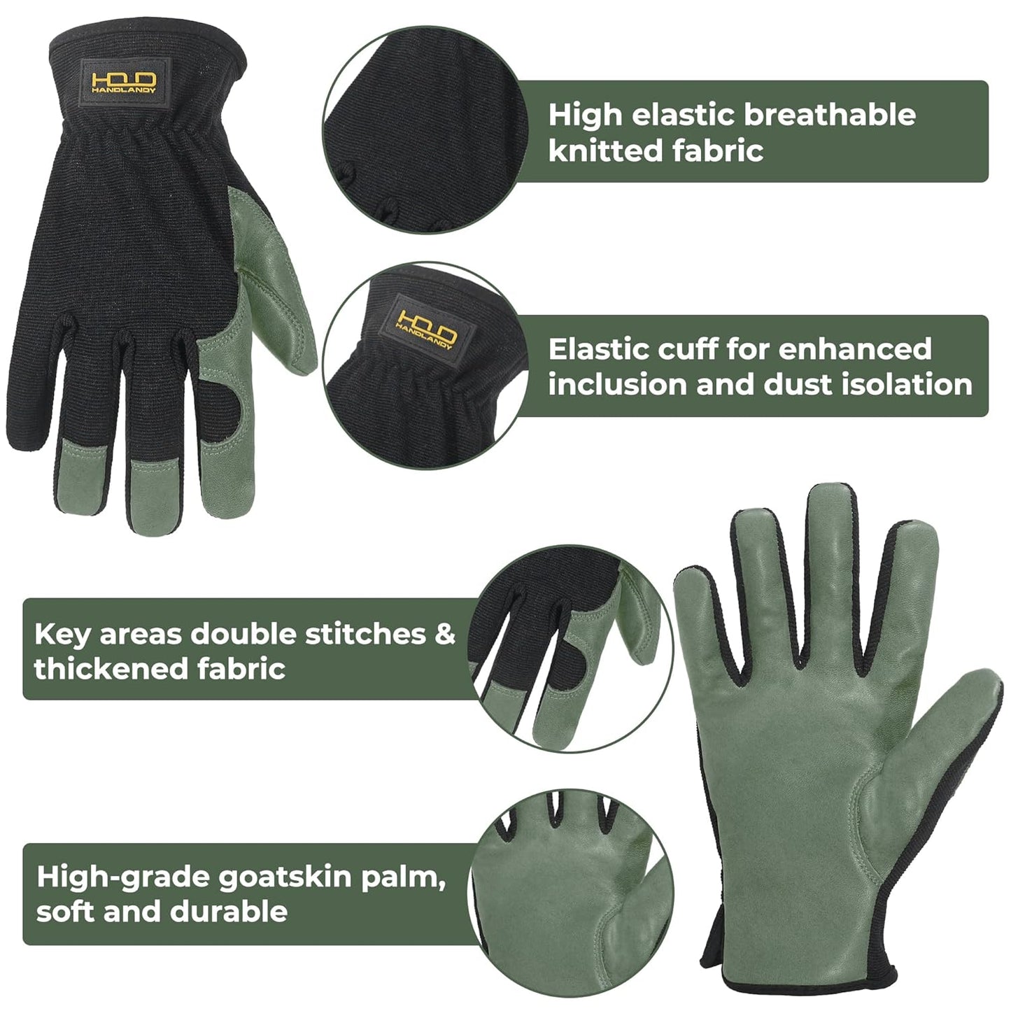 HLDD HANDLANDY Leather Gardening Gloves for Men, Utility Work Gloves for Gardening, Yardwork, Construction, Mechanics with Reinforced Palm, Green S