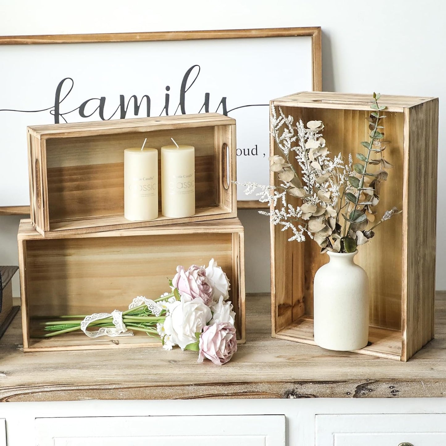 Wooden Boxes, Large Wooden Crates Set of 3 Vintage Torched Brown Wood Storage Crates for Display Home Party Office Bedroom Kitchen Closet