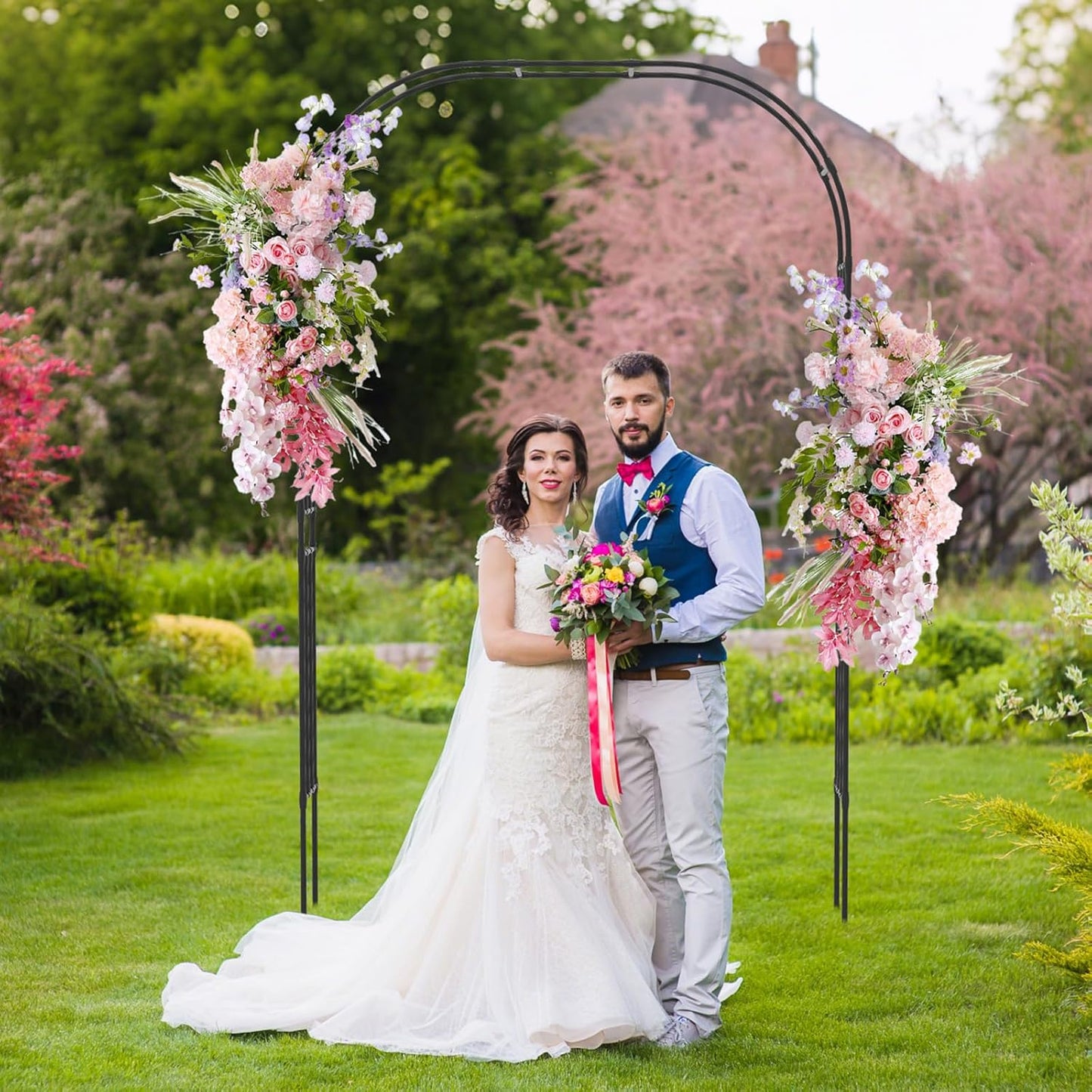 Happygrill Garden Arbor, 95" Metal Archway Pergola w/PE Wrapped Steel Pipes, Ground Stakes, Spiral Rods Design for Climbing Plants Roses, Outdoor Arch Trellis for Lawn Backyard Wedding Ceremony