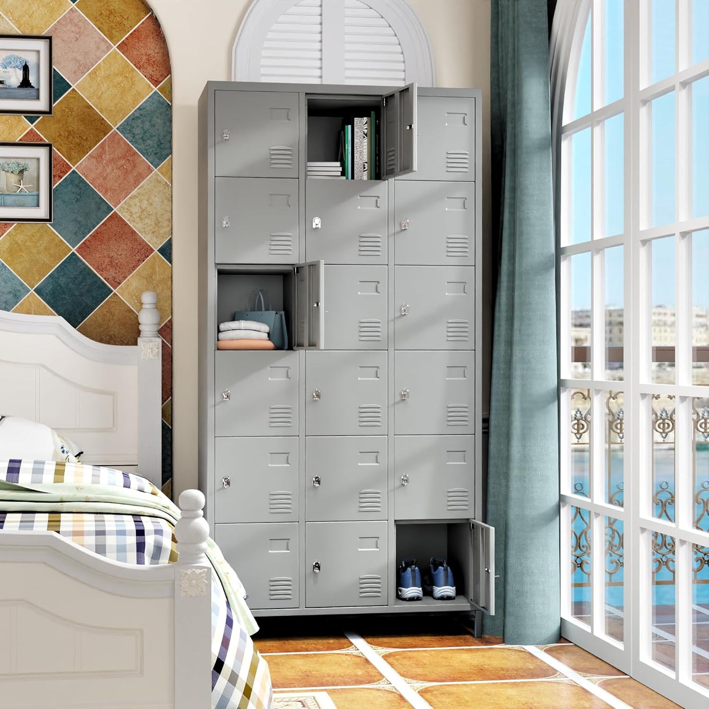 18 Doors Metal Lockers for Employees for Offices School Gyms Home,Assembly Required,Light Gray