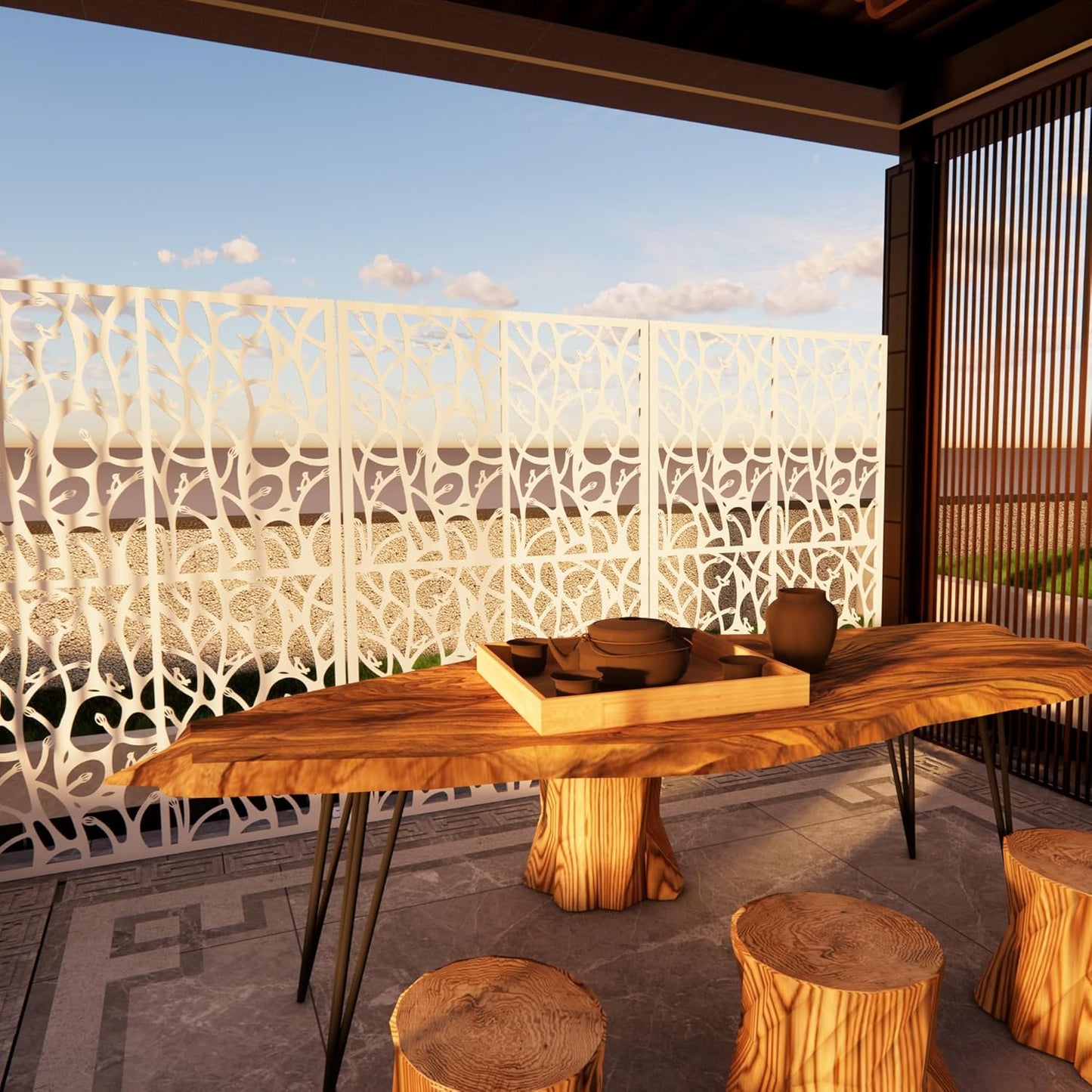 Metal Privacy Screens 72" H Outdoor Privacy Screens Panels Outdoor and Indoor Bird Pattern Divider with Freestanding Decorative for Balcony Patio Garden Room Divider, White