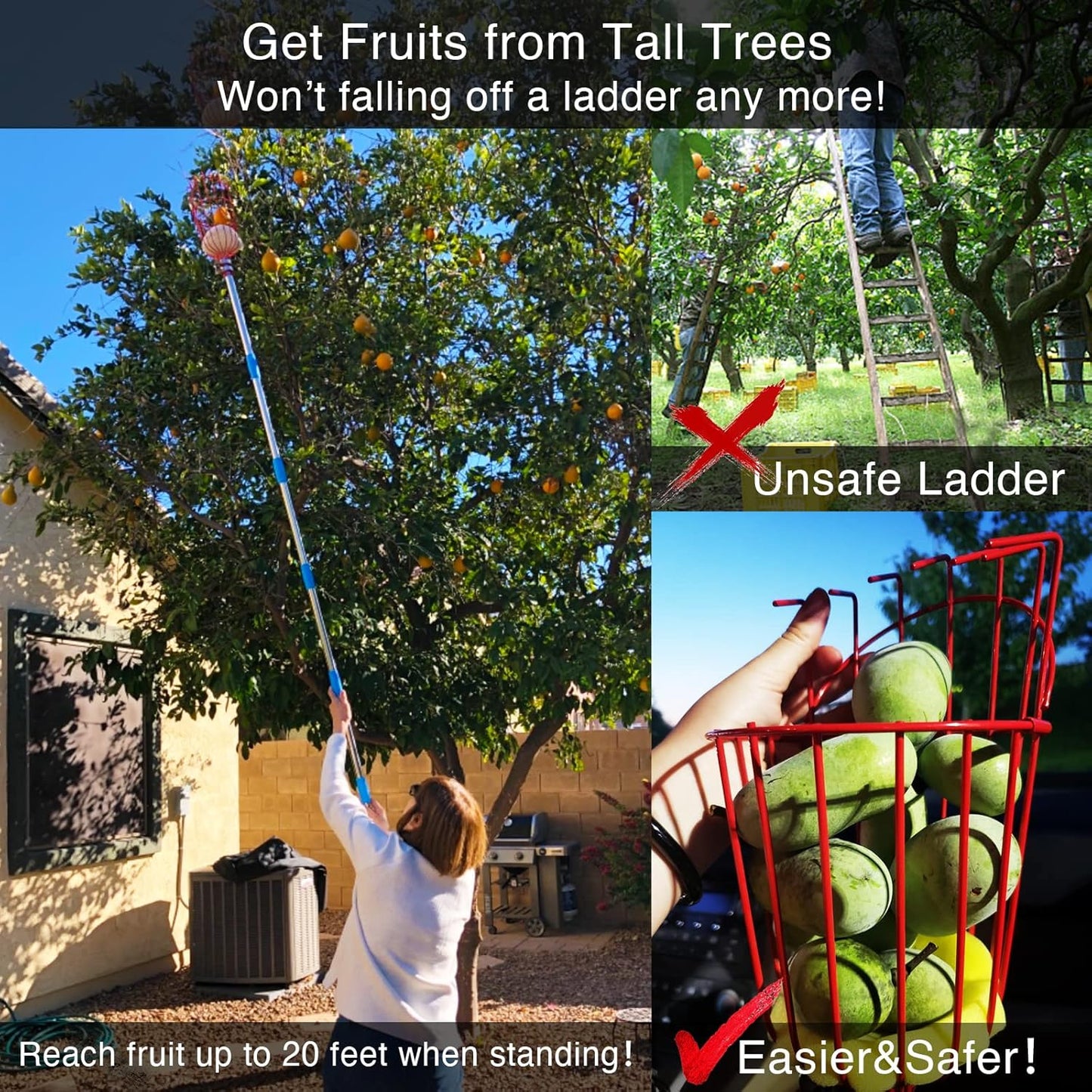 DonSail Pomelo Fruit Picker Pole Tool with Basket Telescoping Long Handle, 35-95 Inch Adjustable Orange Apple Picker Pole Tool with Basket for Avocado Acorn Lemon Pear Mango Tree Picker