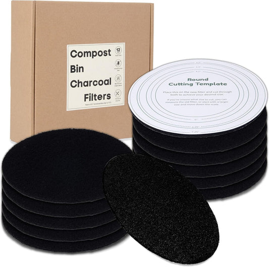 Perfnique Compost Bin Charcoal Filters, 12 Pack Filter Replacement for Compost Bucket, Kitchen Compost Bin Countertop Filters, Longer Lasting Activated Carbon Filters for Kitchen Pail Composter