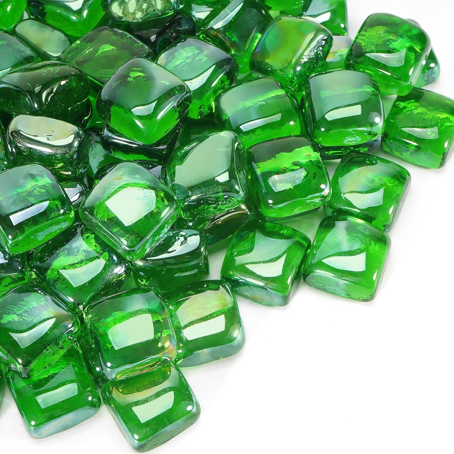 Fire Pit Glass Rocks Square, Fire Glass Cubes, Tempered Beads for Fireplace, Firepit Table Indoor or Outdoor, Replacing Traditional Burning Wood 20 pounds, Green Reflective