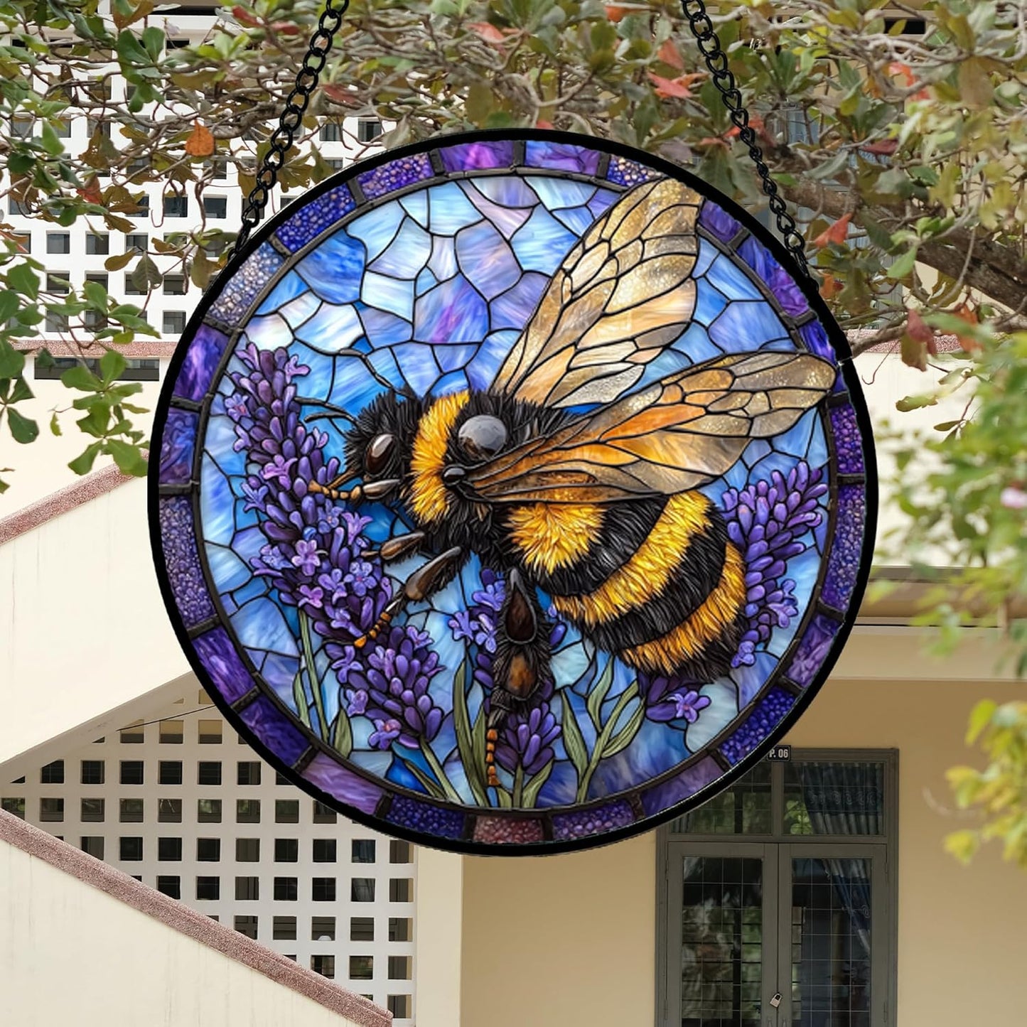 Stained Glass Window Hanging, Bee Lavender Sun Catchers Diamond Glass Panel Hangings Insect Suncatcher Decor for Birthday for Women, Men, Wife, Aunt, and Mom 14.9x14.9 in