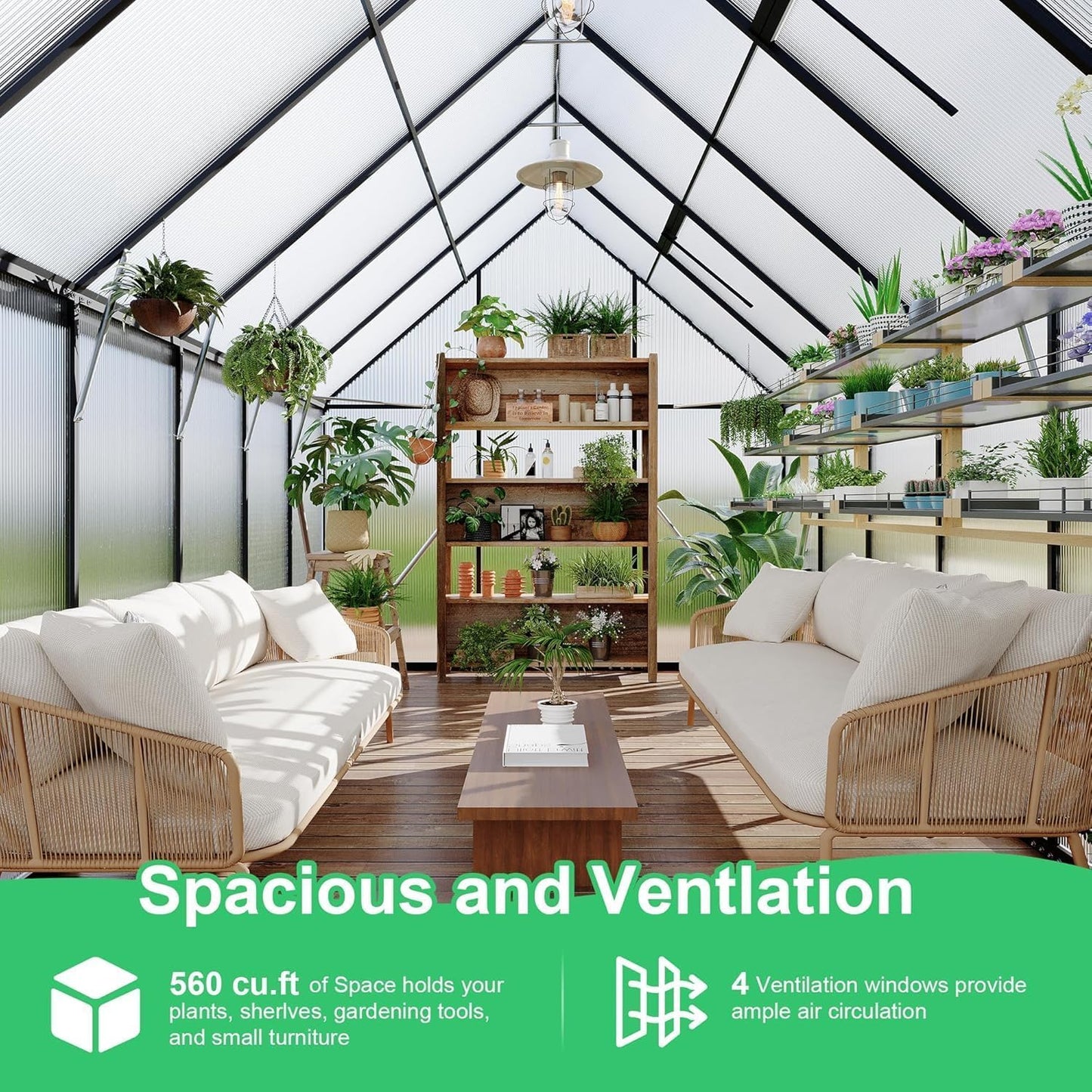 Greenhouse 8x12 FT Aluminum-Framed Heavy Duty Polycarbonate with Quick Setup Structure and Roof Vent, Large Enhanced Outdoors Green House Kit