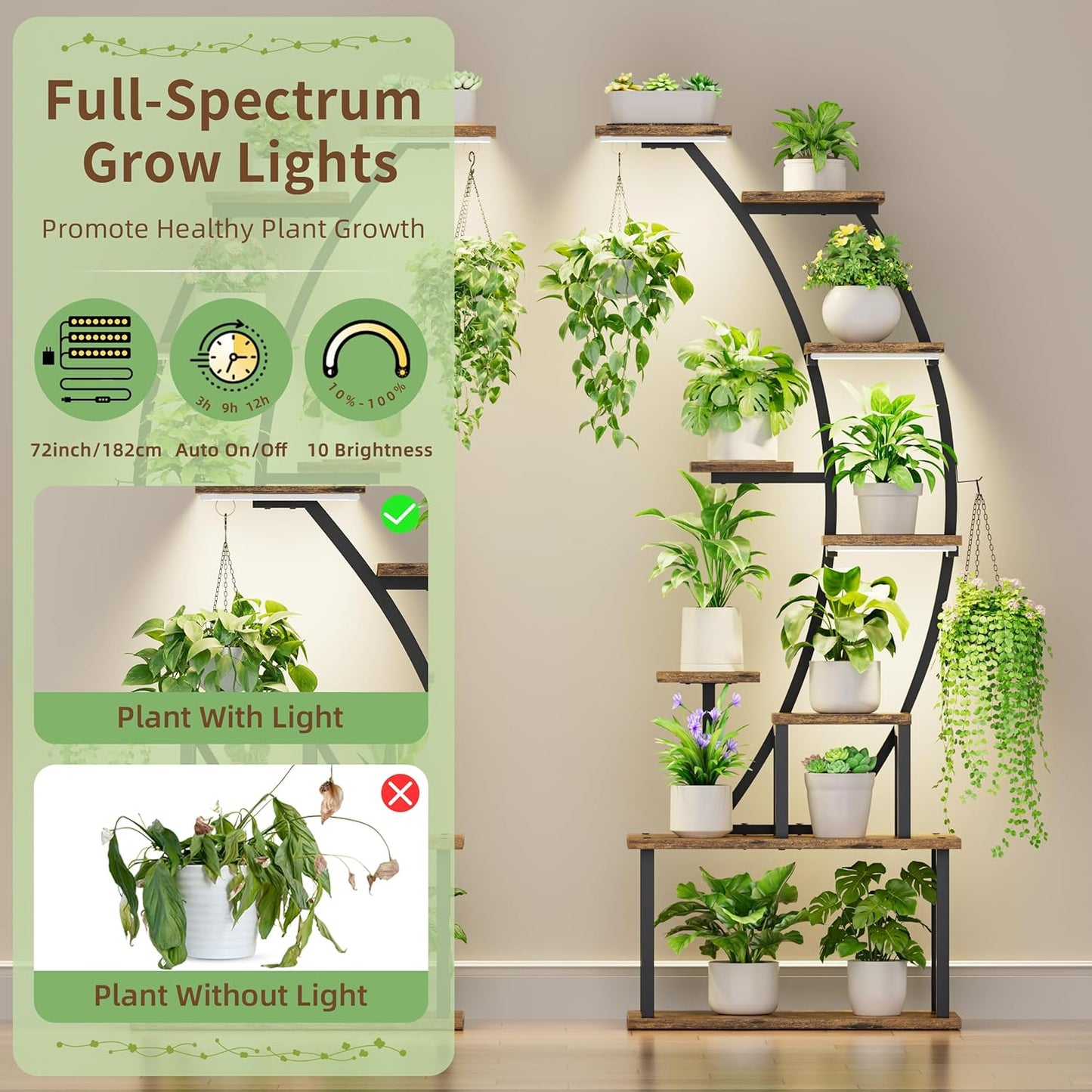 Plant Stand Indoor with Grow Lights, 9 Tiered Metal Plant Shelf, 64" Tall Plant Stand for Indoor Plants Multiple, Large Plant Rack Display Shelves, Curved Plant Holder for Living Room, Patio