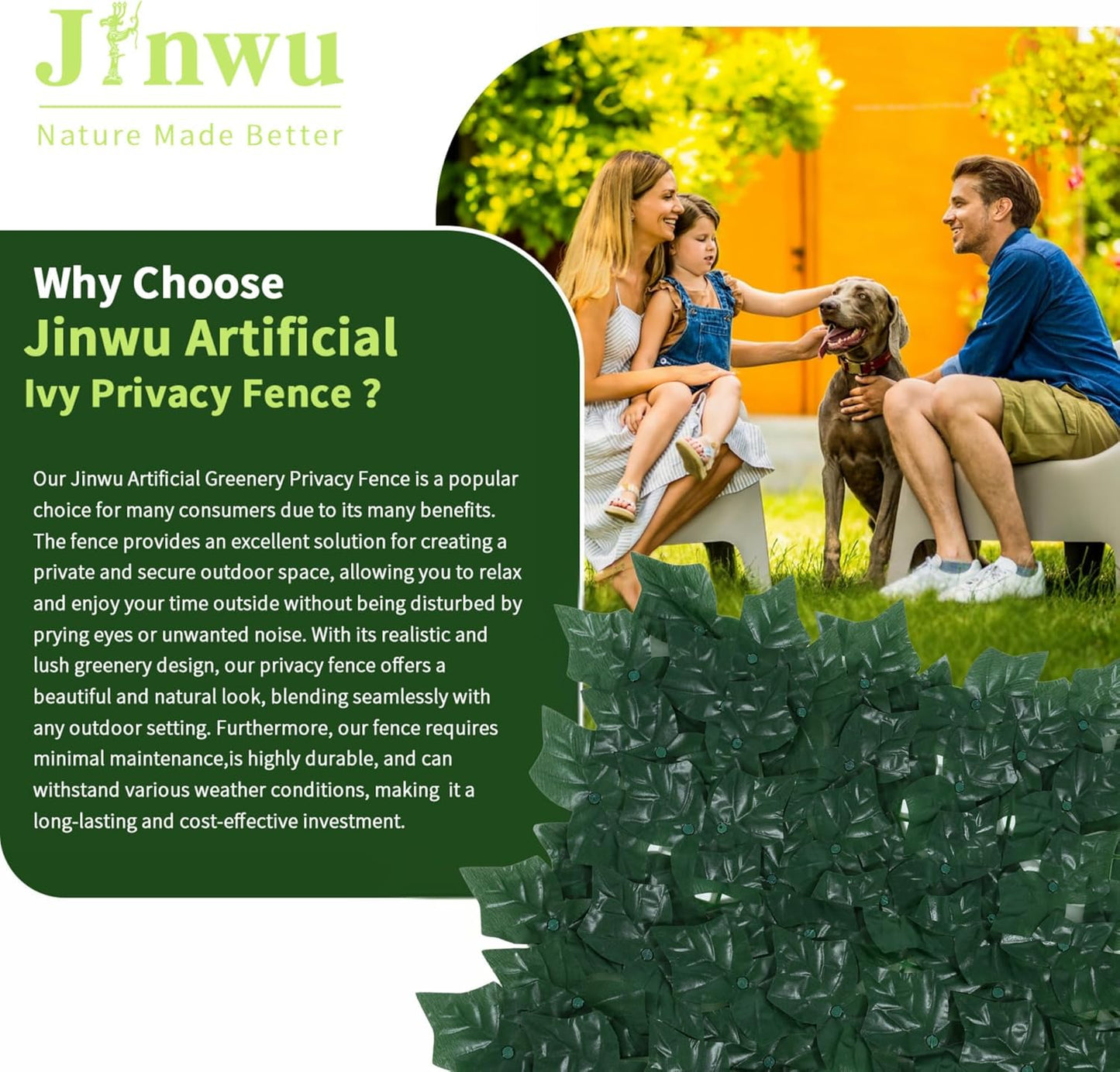 Jinwu Artificial Ivy Privacy Fence Screen (2 Rolls, Total 59x118 inch), Expandable Faux Privacy Fence with 80 pcs Zip Ties, Decoration for Outdoor Garden, Solid-Color Sweet Potato Leaf (Budget)