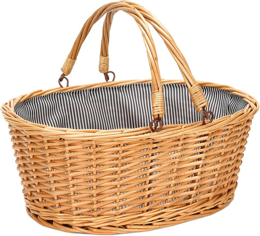 Wicker Picnic Basket with Double Folding Handles, Natural Large Willow Hamper Empty Basket Cheap Easter Eggs Candy Storage Wine Basket for Toy, Flower, Wedding（Grey 16inch）
