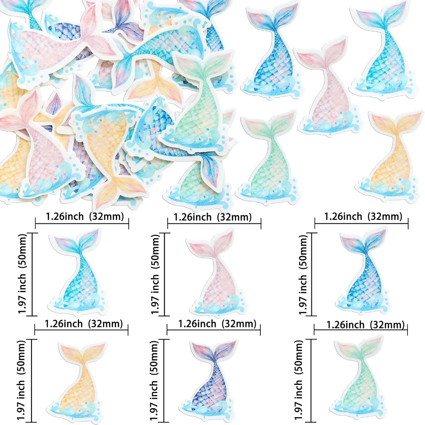 Ephlyn 54Pcs Edible Mermaid Tail Cupcake Toppers Wafer Paper Mini Under the Sea Mermaid Tail Cake Topper Decoration for Ocean theme Birthday Party Supplies Pink Blue Purple