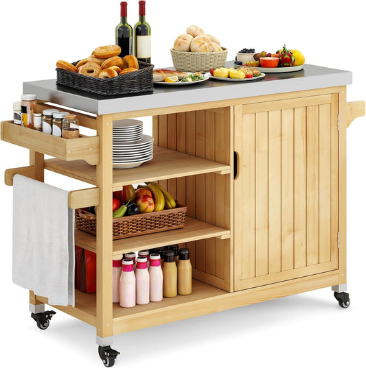 YITAHOME Solid Wood Patio Bar Table XL Outdoor Storage Cabinet Bar Table with Spice Rack and Lockable Wheels, Portable Outdoor Kitchen Island for Patio, Garden, Porch, Balcony, Natural
