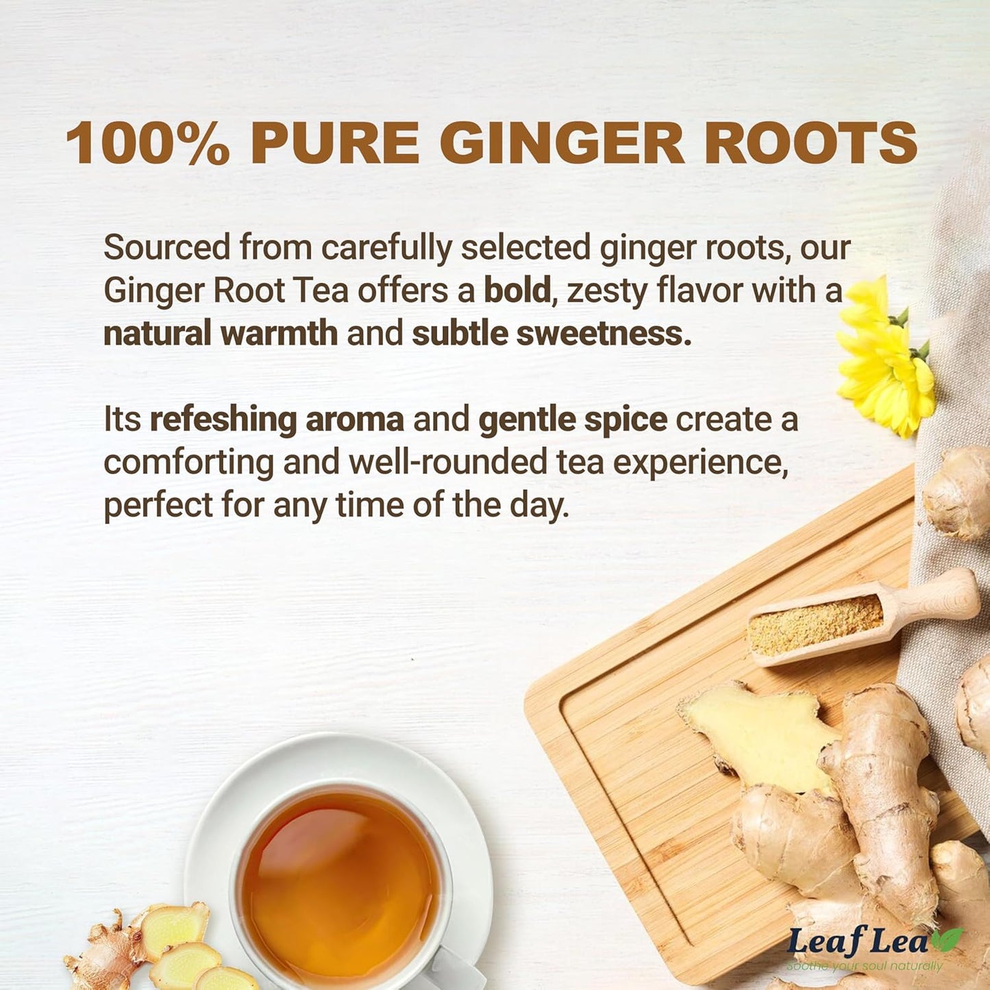 LeafLea 120 Ginger Tea Bags, 100% Pure Ginger Root Herbal Tea, Spicy & Warming Flavor, Supports Digestion & Immune Health, Individually Wrapped, Caffeine-Free, Sugar-Free, Gluten-Free, Non-GMO, Vegan