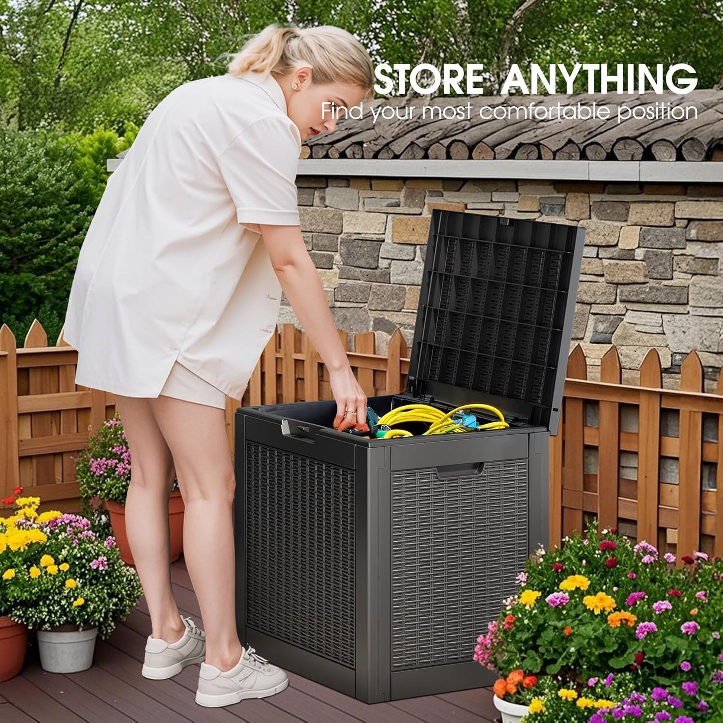 NUNU LAB Outdoor Storage Box, 33 Gallon Resin Deck Box Indoor and Outdoor Use, Waterproof Lockable Patio Storage Bin for Gardening Tools,Package Deliveries,Patio Cushions,UV Resistant,Black
