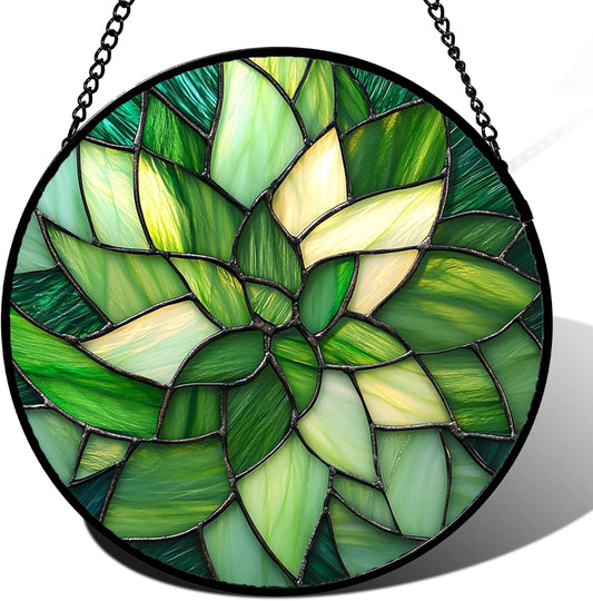 Stained Glass Window Hanging - Green Plants Suncatcher for Doors Garden Patio Flowers Sun Catchers Decor Christmas Mother's Day Birthday Gifts for Women Men Mom Nana Friend 6.3 in