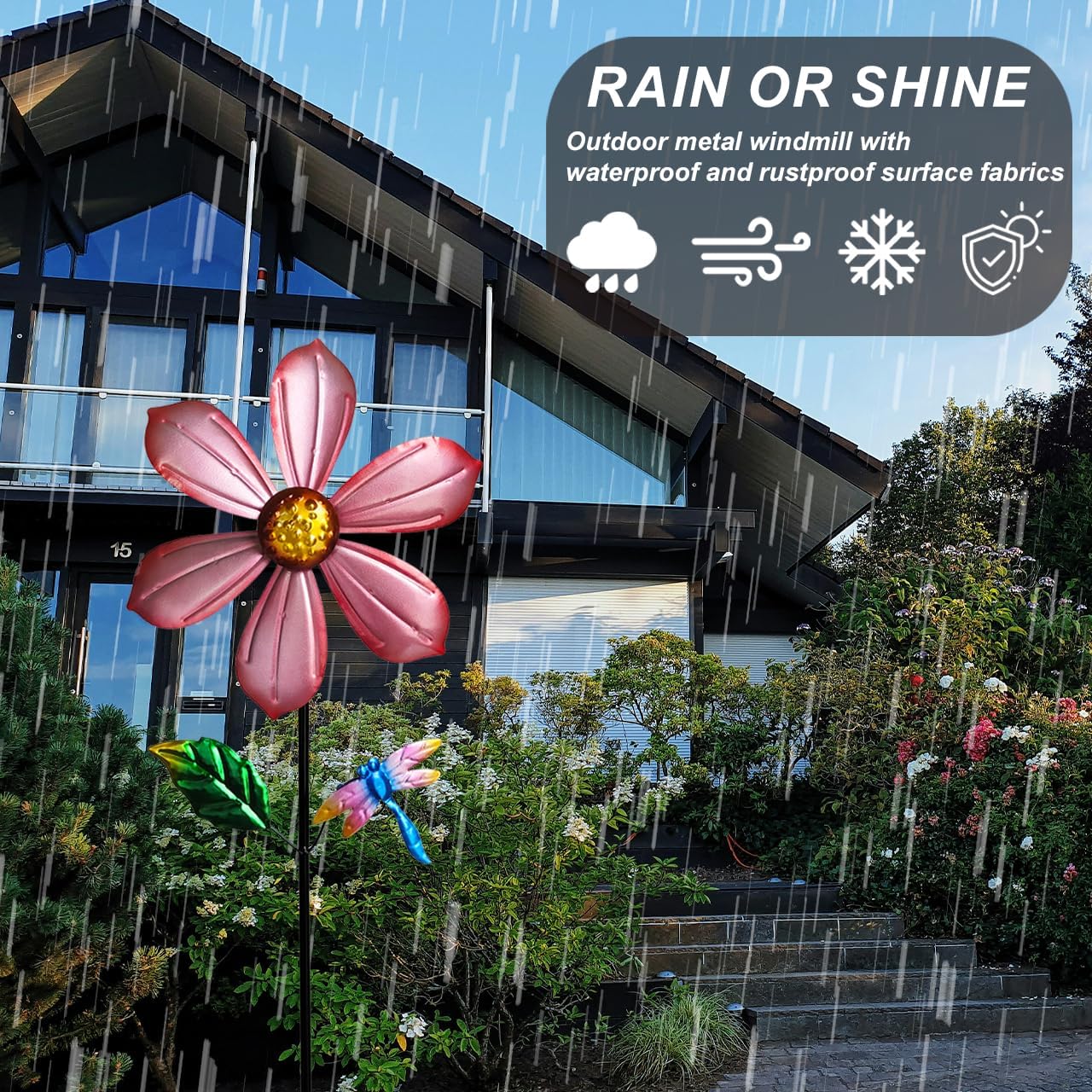 Metal Outdoor Flower Wind Spinner with Pink Floral & Gold Dragonfly, Decorative Kinetic Wind Sculpture for Yard, Garden, Patio, Lawn - Vibran Garden Art & Lawn Ornament for Outdoor Decor